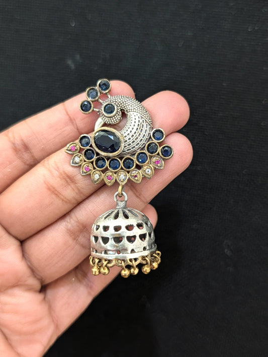 Peacock dual tone oxidized silver Blue jhumka earrings - Simpliful