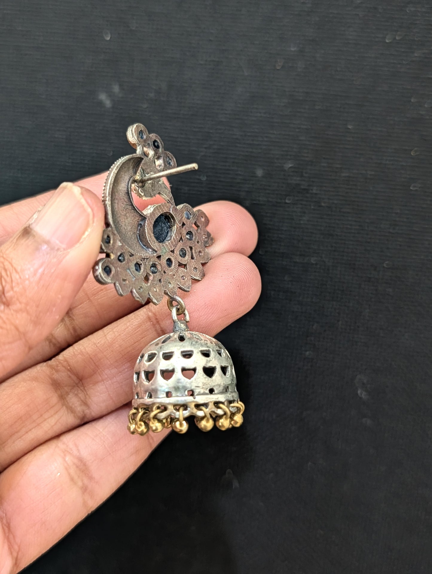 Peacock dual tone oxidized silver Blue jhumka earrings - Simpliful