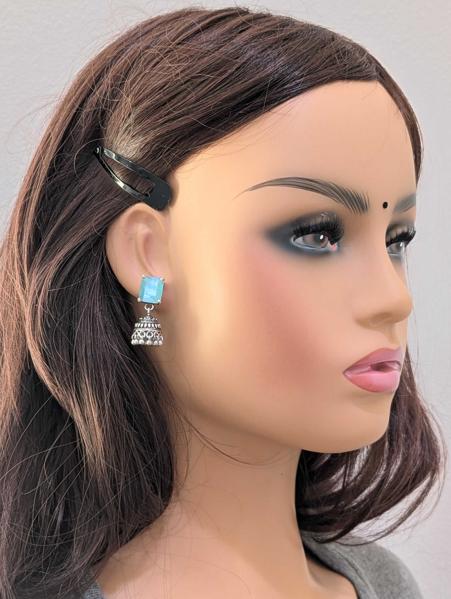 Oxidized silver CZ stone Jhumka earrings - D2