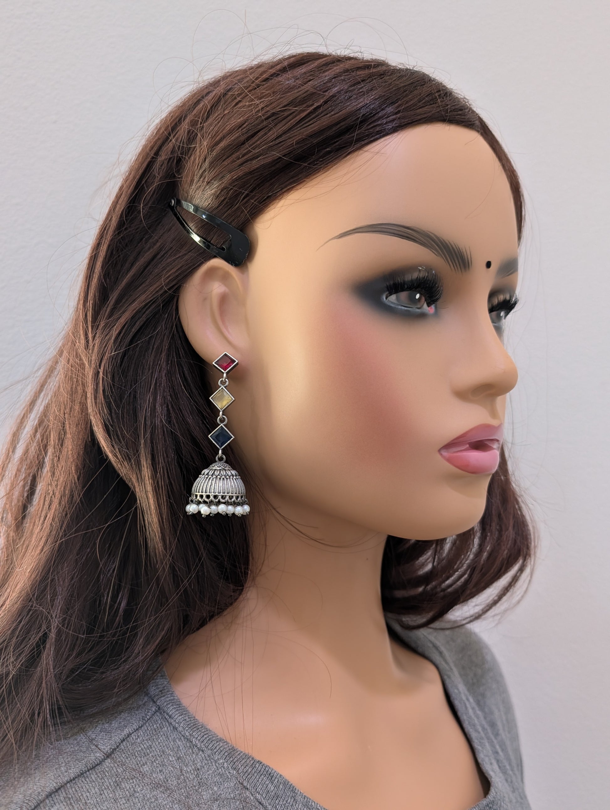 German silver CZ Dangle Jhumka earrings - Simpliful