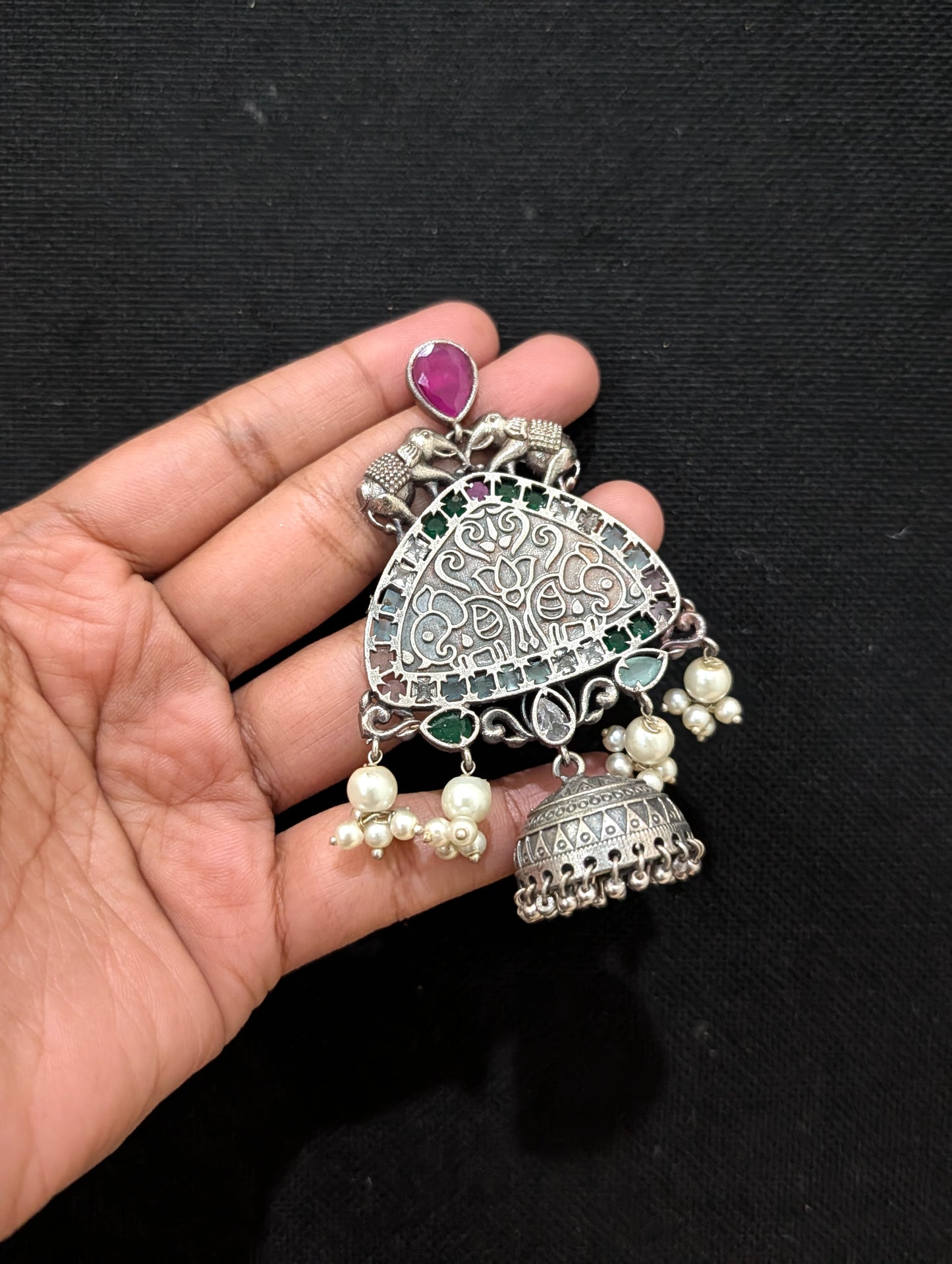 German Silver Elephant design Jhumka Earrings - Simpliful