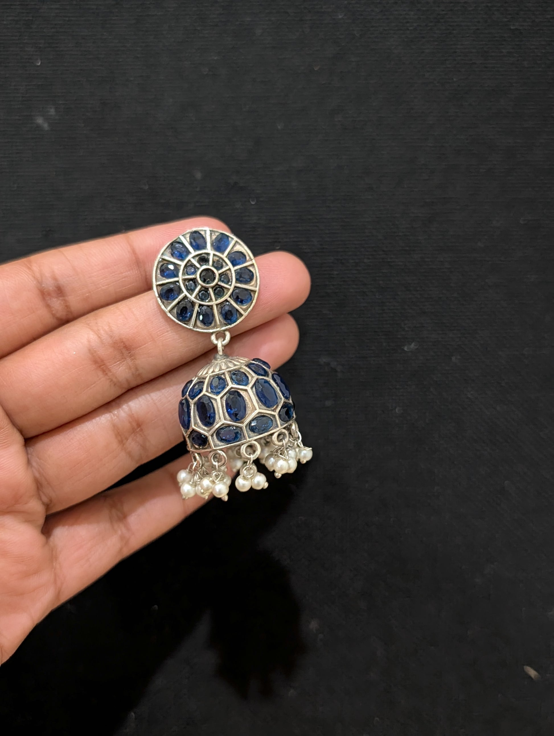 German Silver Round Stud Medium Jhumka Earrings - Simpliful