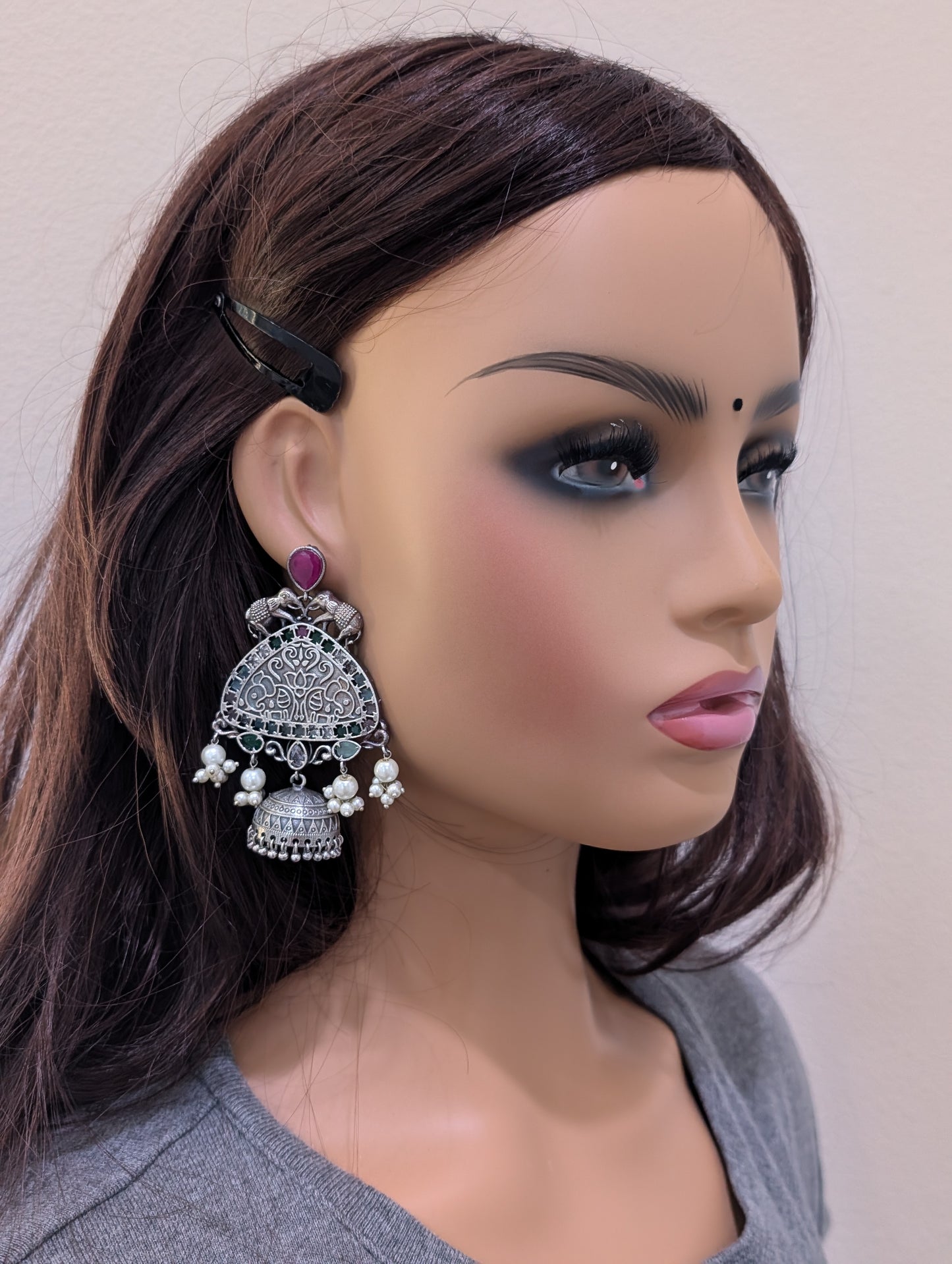 German Silver Elephant design Jhumka Earrings - Simpliful