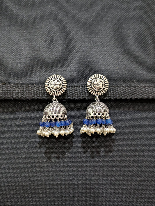 Oxidized silver colorful beaded Jhumka earrings - Simpliful