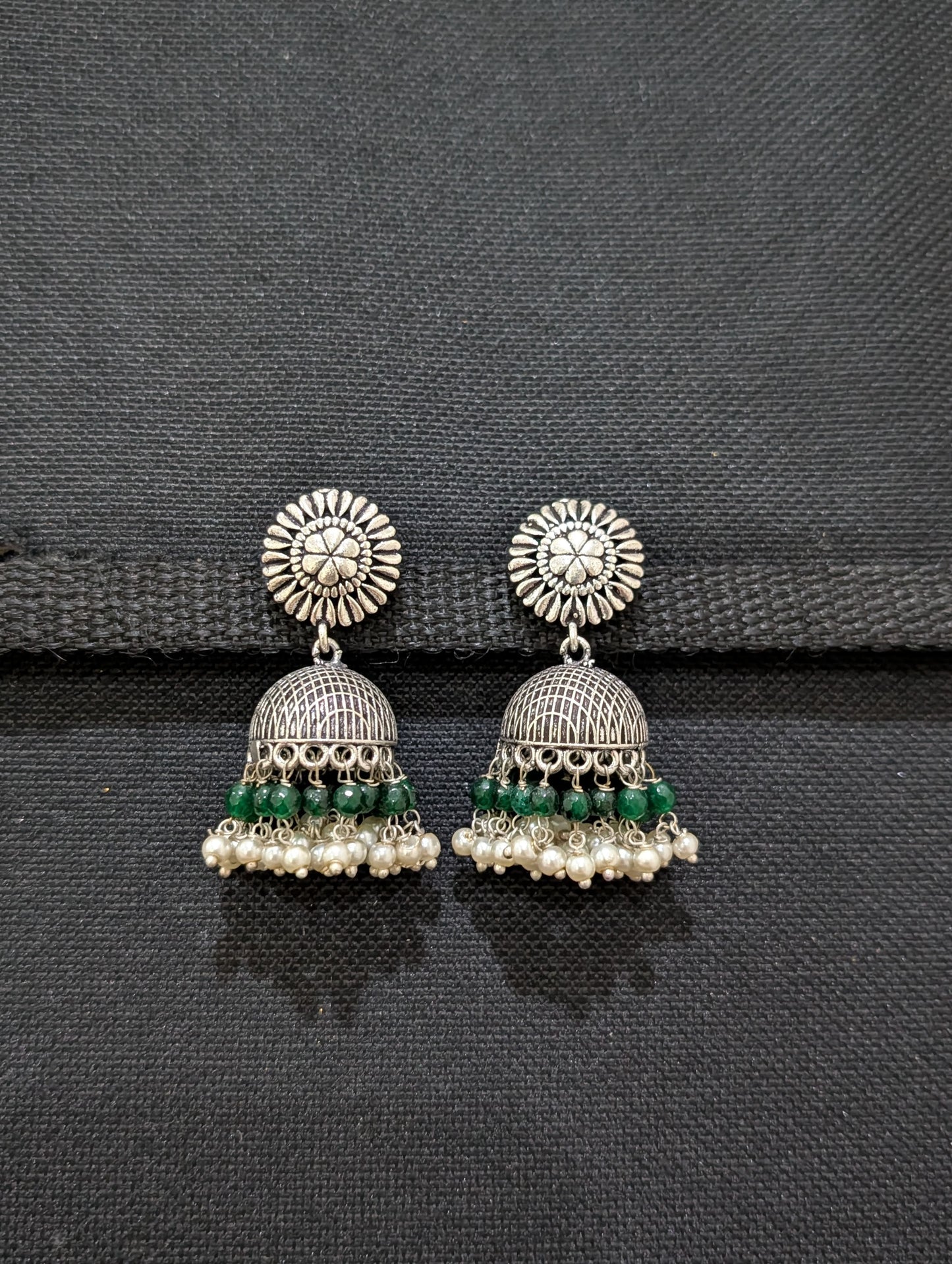 Oxidized silver colorful beaded Jhumka earrings - Simpliful