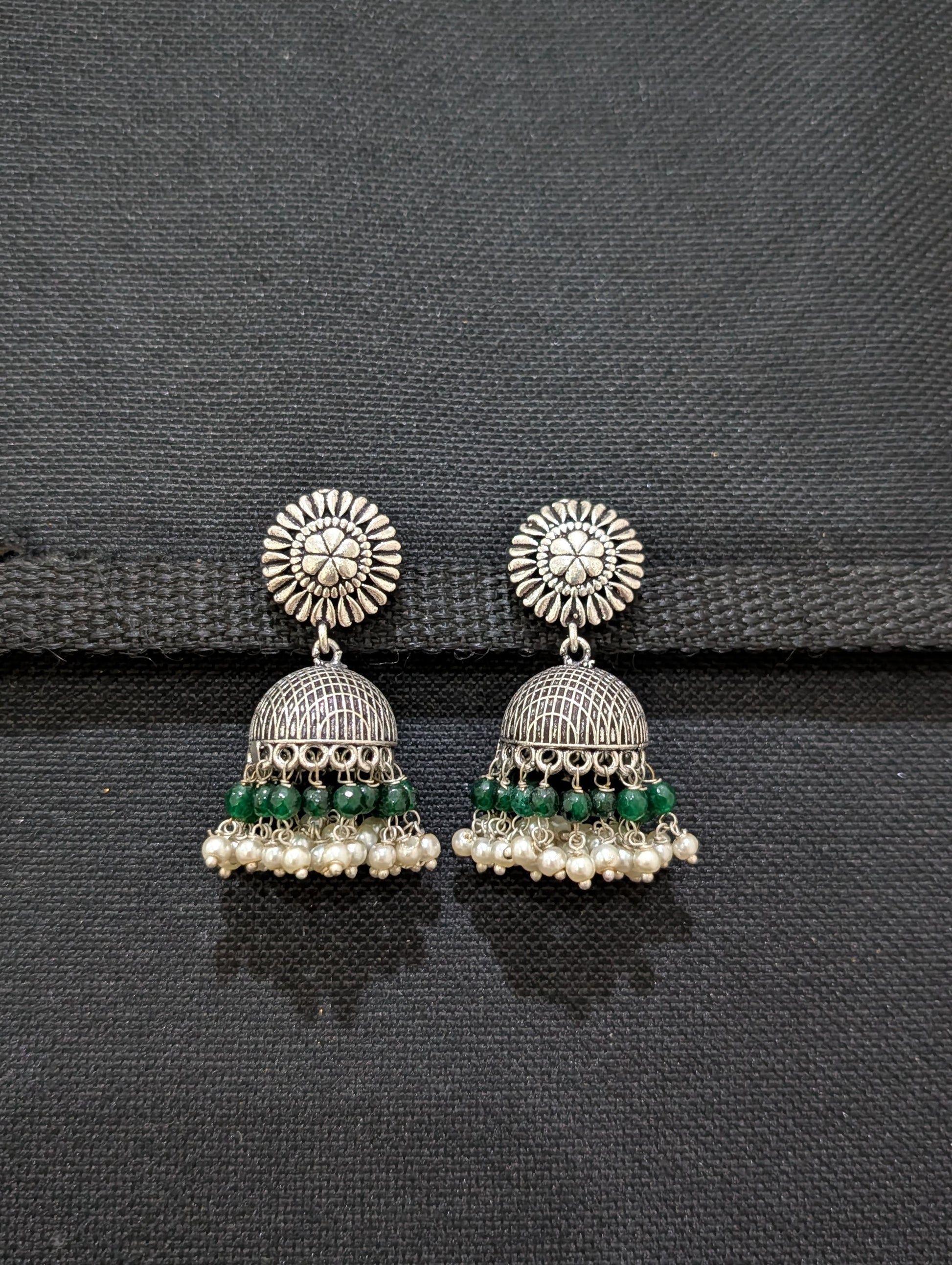 Oxidized silver colorful beaded Jhumka earrings - Simpliful