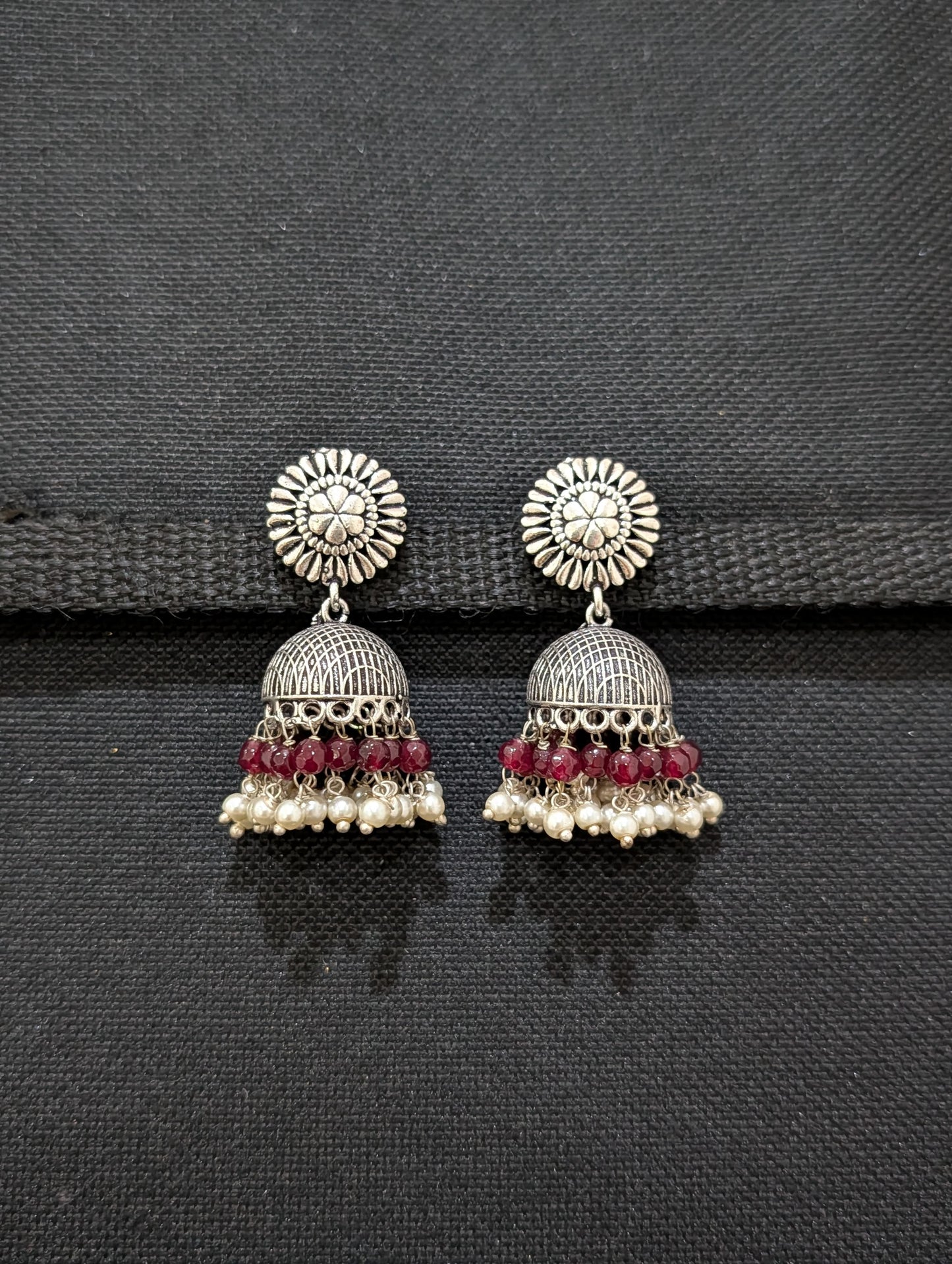 Oxidized silver colorful beaded Jhumka earrings - Simpliful