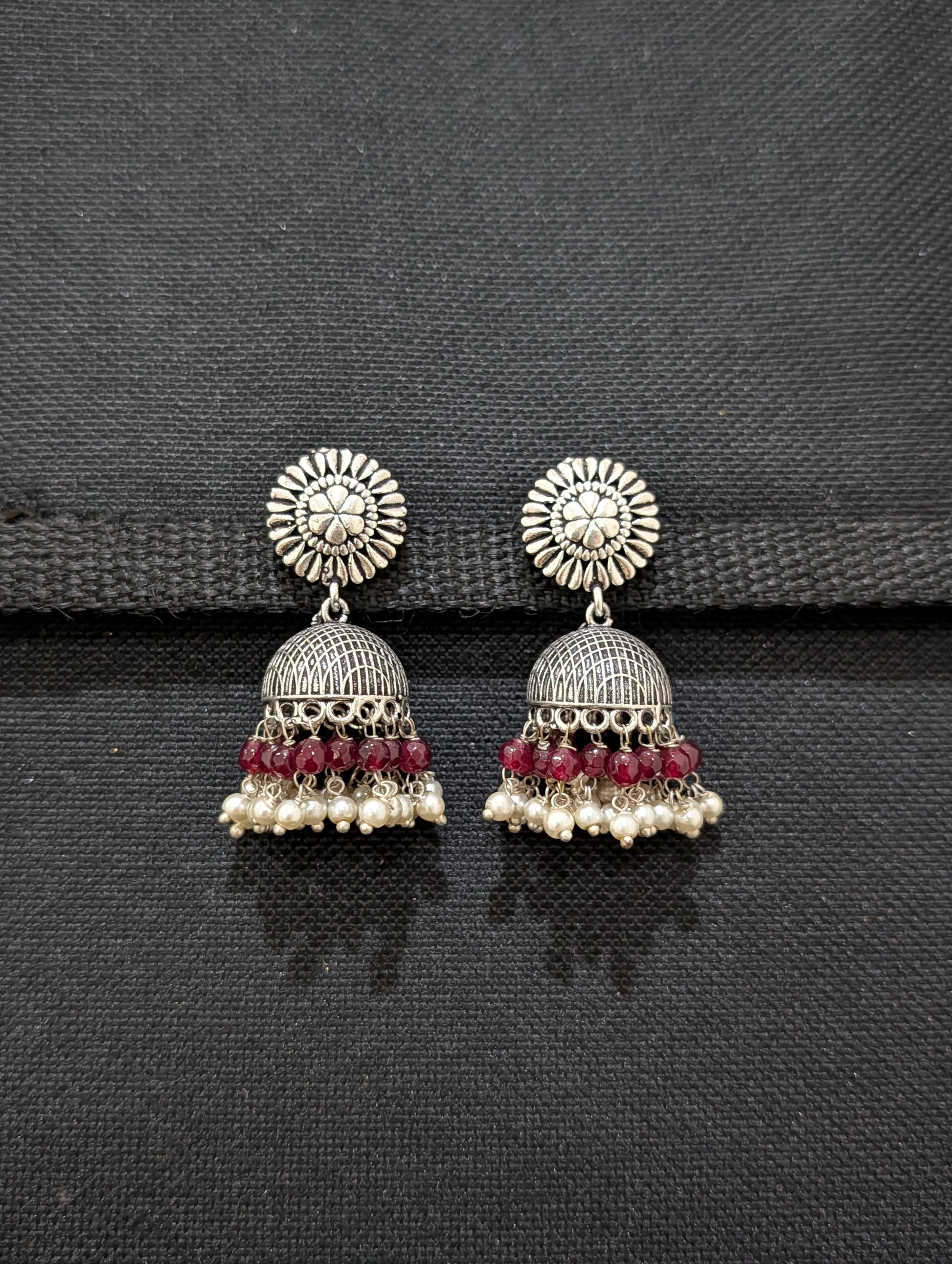 Oxidized silver colorful beaded Jhumka earrings - Simpliful
