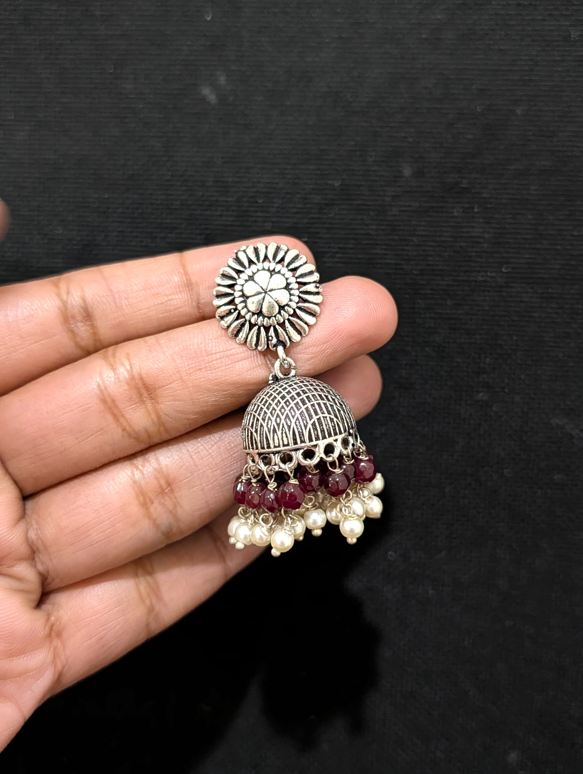 Oxidized silver colorful beaded Jhumka earrings - Simpliful