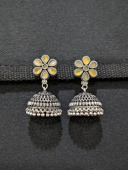 Oxidized Silver Polki Jhumka Earrings - Simpliful