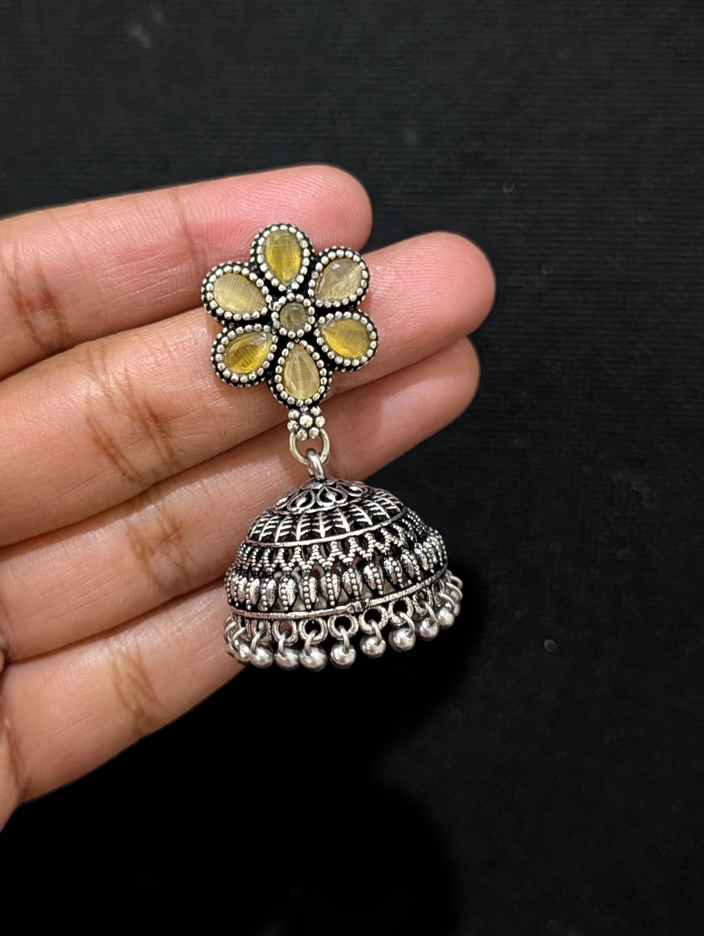 Oxidized Silver Polki Jhumka Earrings - Simpliful