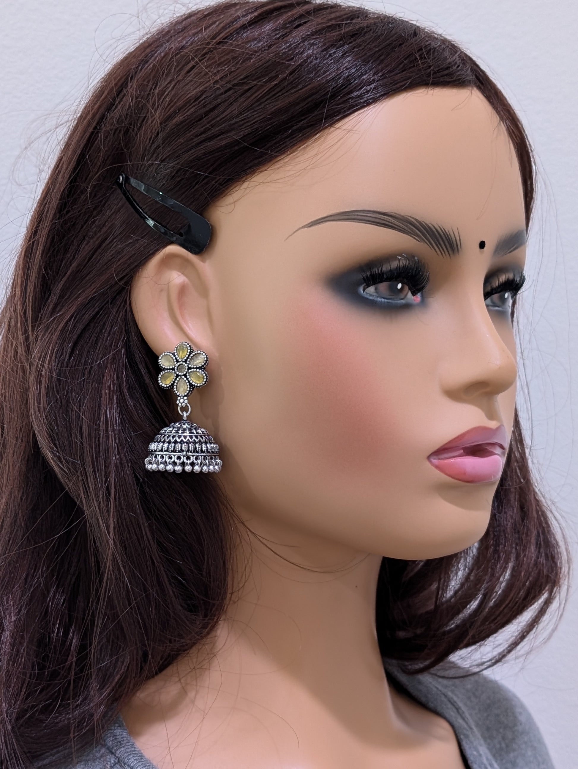 Oxidized Silver Polki Jhumka Earrings - Simpliful