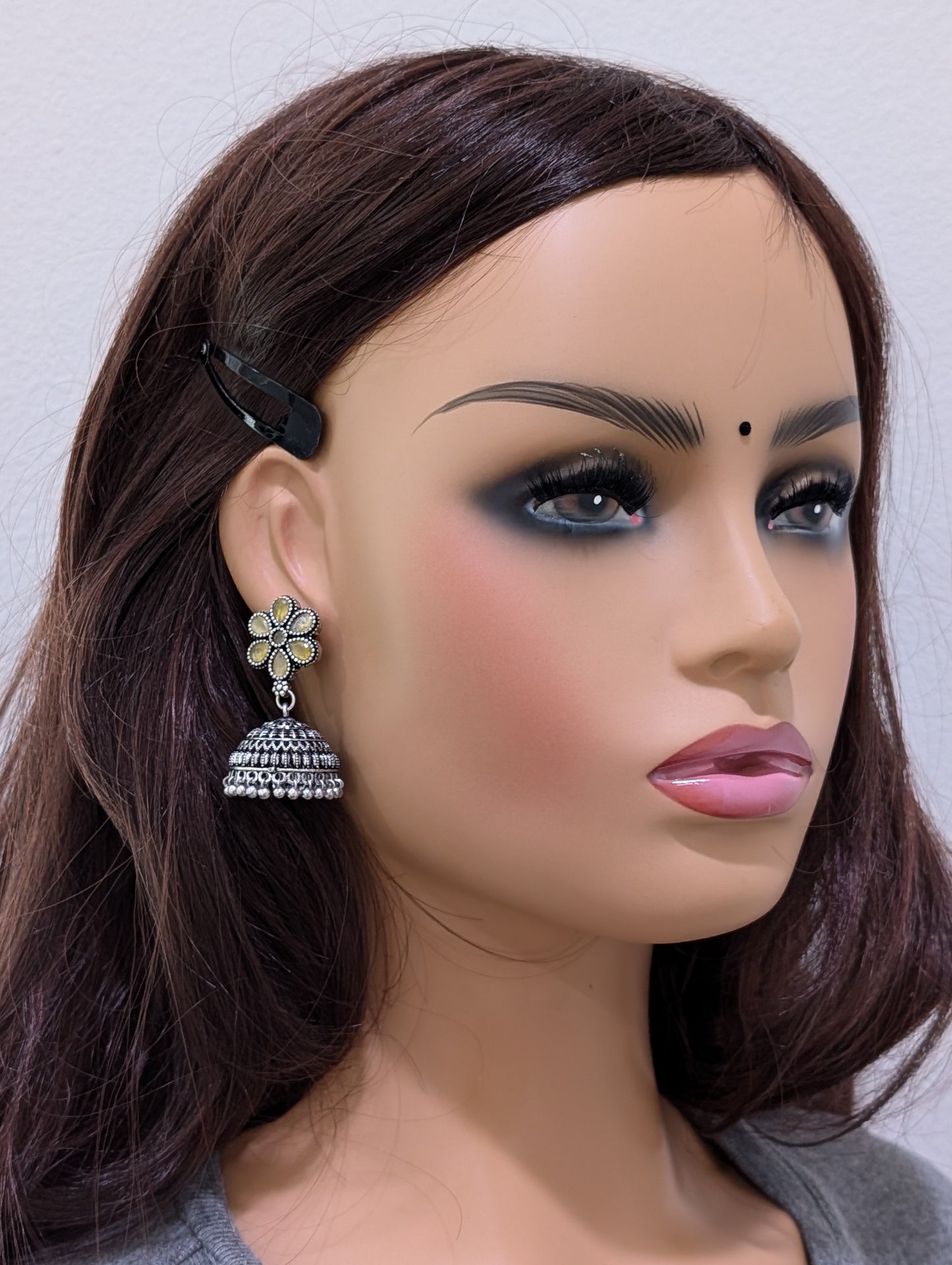 Oxidized Silver Polki Jhumka Earrings - Simpliful