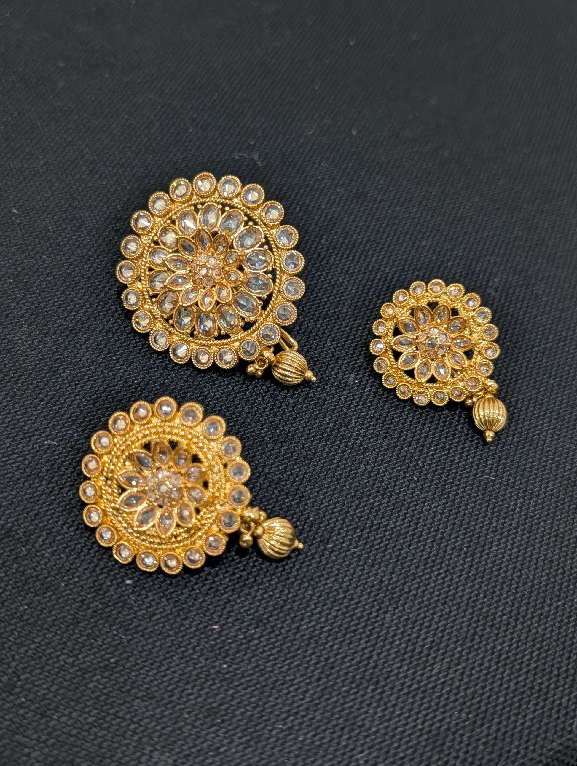 Light Gold plated Polki Round Clip on Hair Brooch - 3 piece set - Simpliful