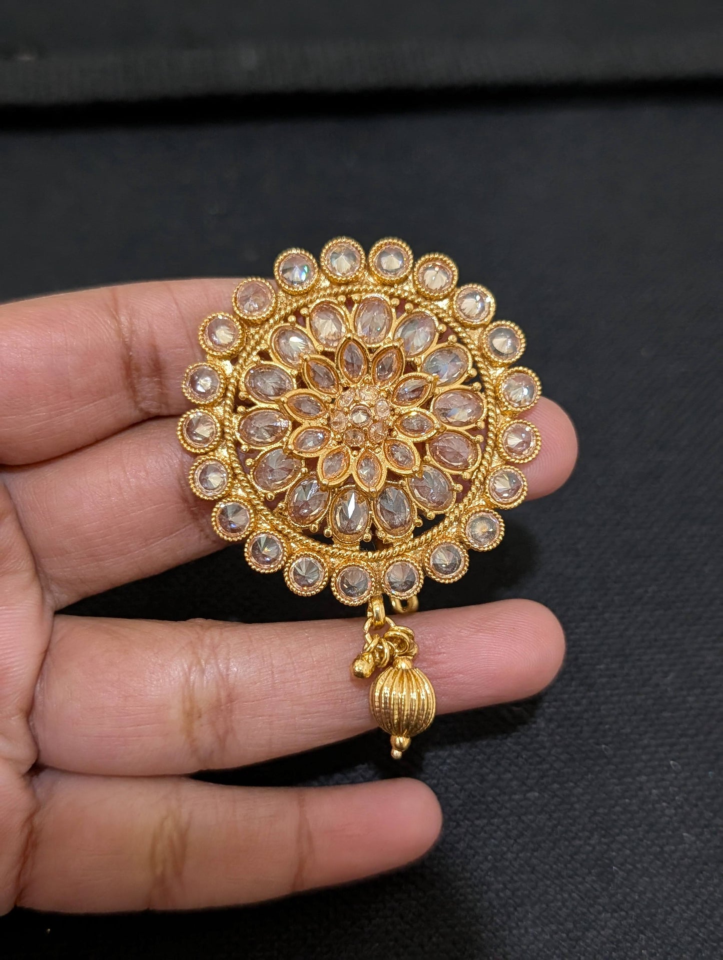 Light Gold plated Polki Round Clip on Hair Brooch - 3 piece set - Simpliful