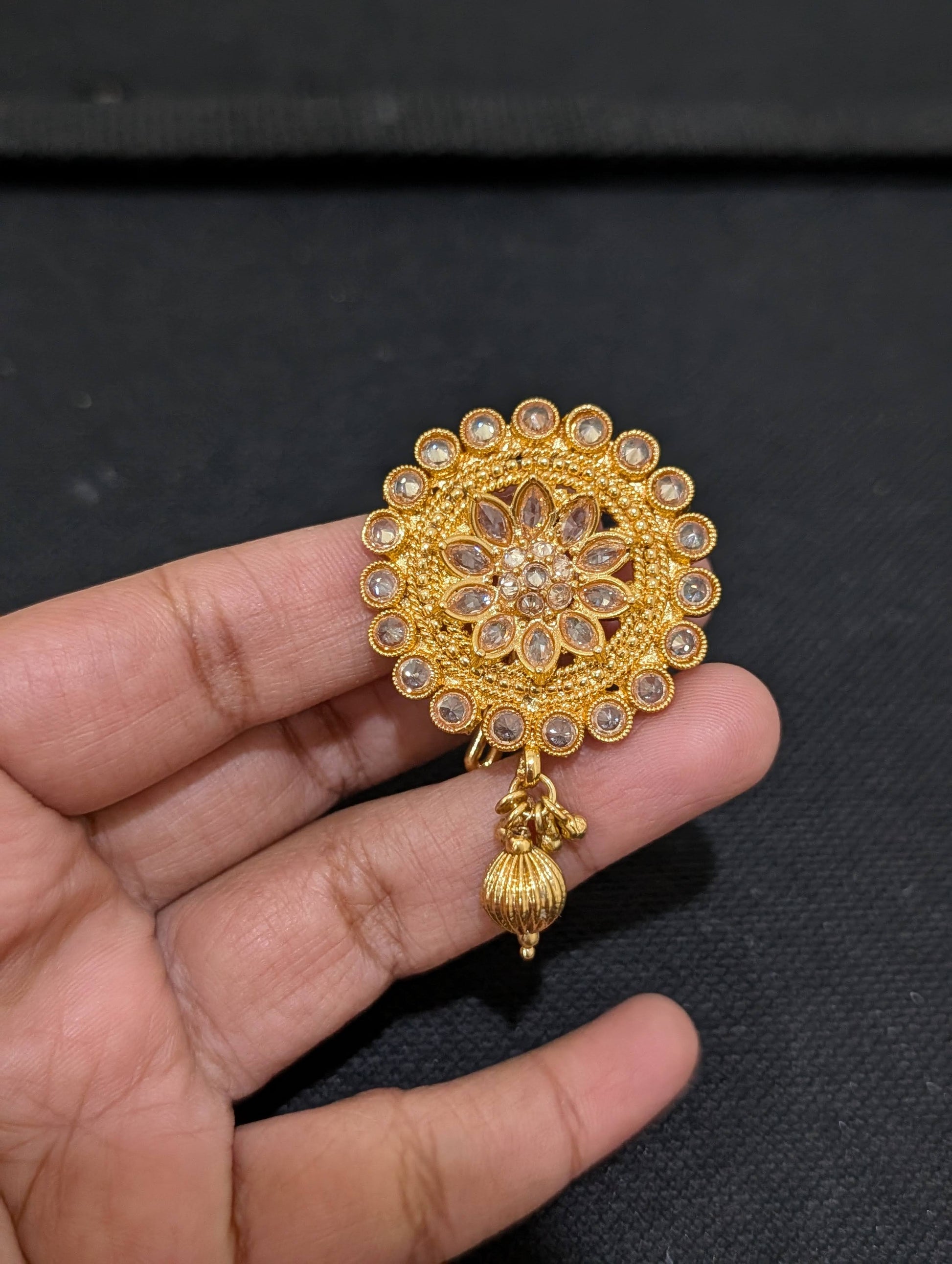Light Gold plated Polki Round Clip on Hair Brooch - 3 piece set - Simpliful