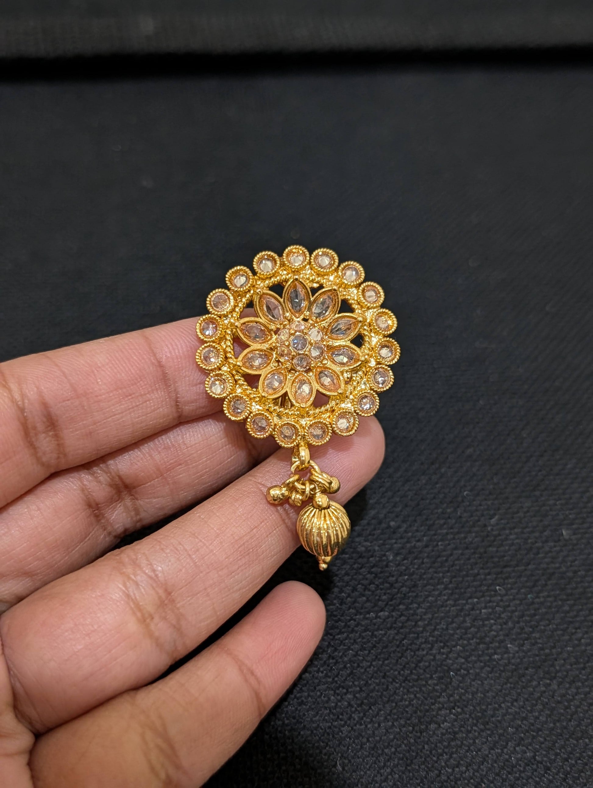 Light Gold plated Polki Round Clip on Hair Brooch - 3 piece set - Simpliful
