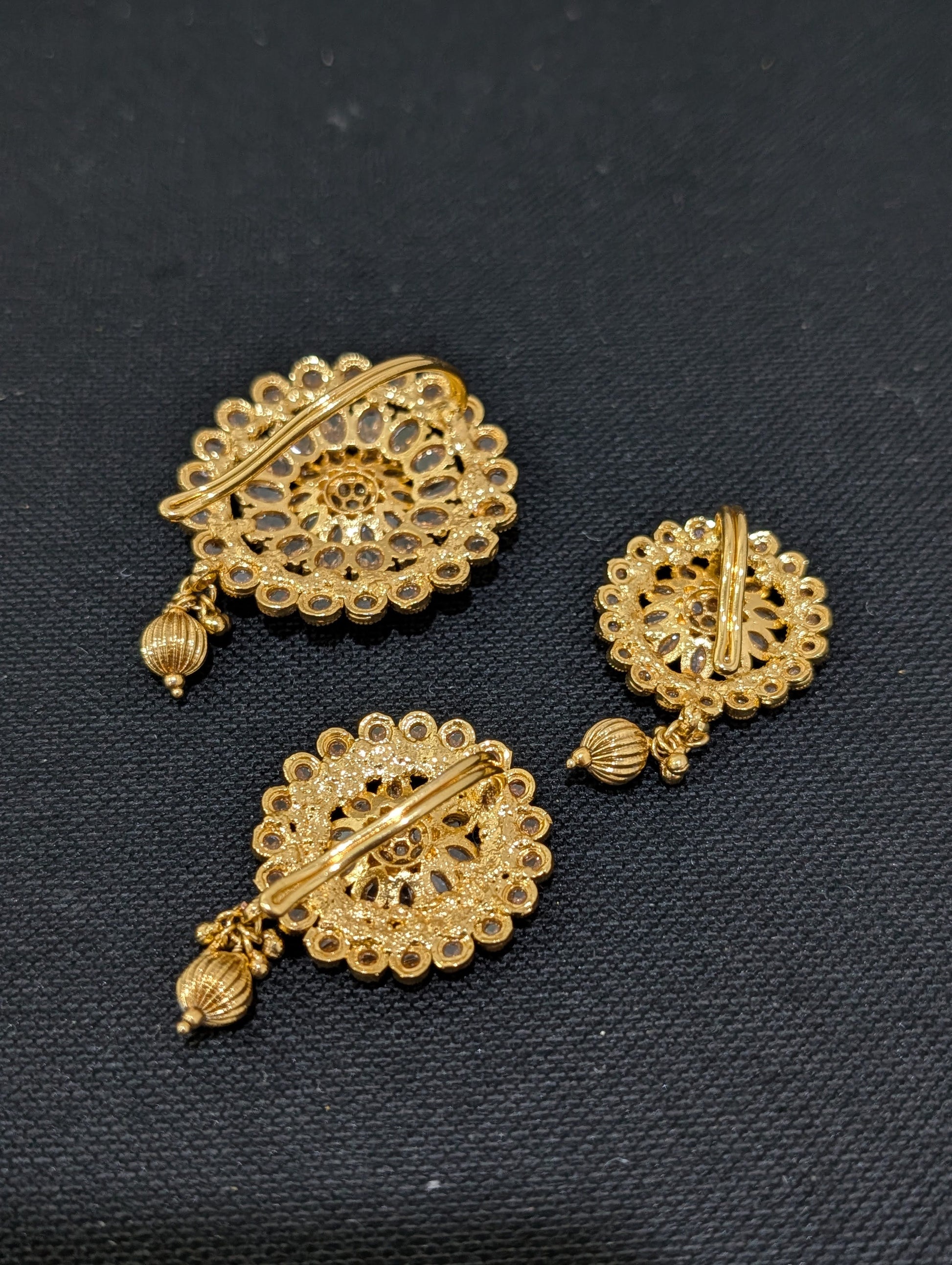 Light Gold plated Polki Round Clip on Hair Brooch - 3 piece set - Simpliful