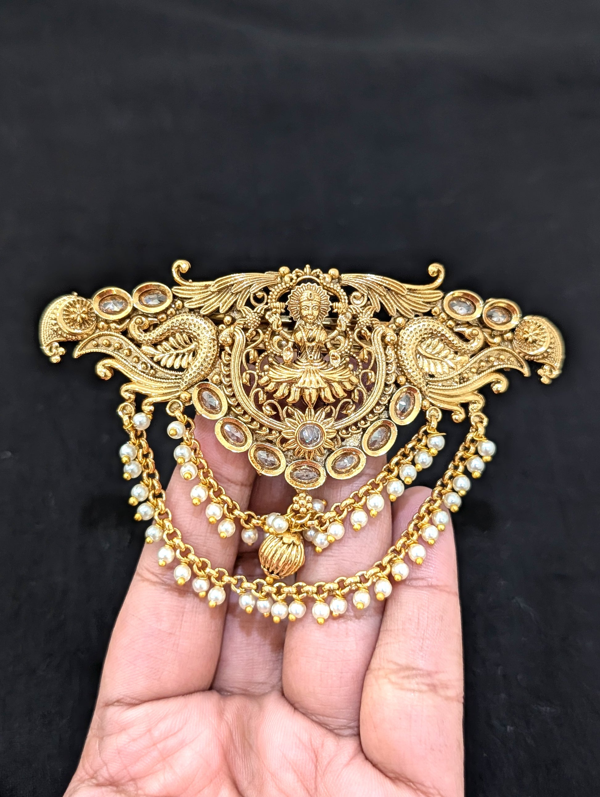 Lakshmi ji design Antique gold plated Designer hair clip - Simpliful