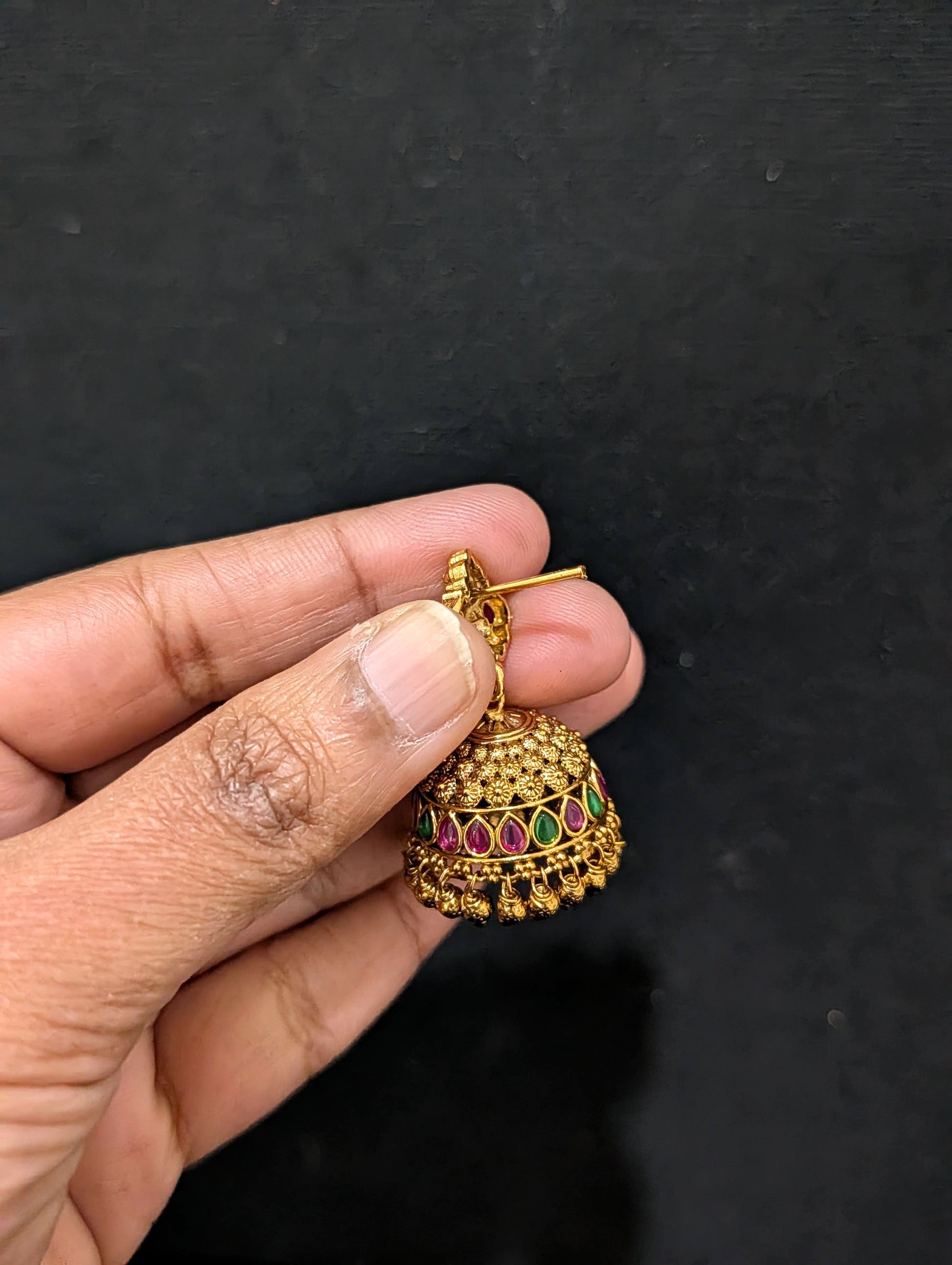 Antique Dark gold plated Kemp Jhumka Earrings - Simpliful