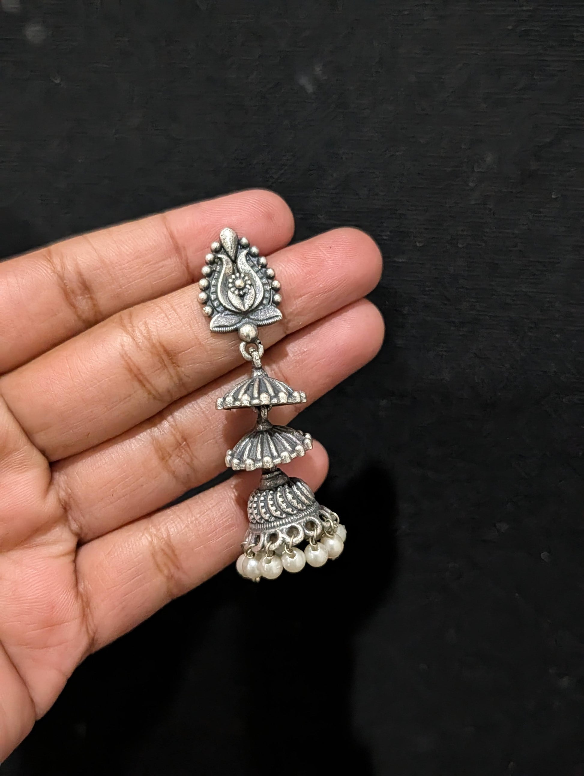 Oxidized silver Adukku Jhumka earrings - Simpliful