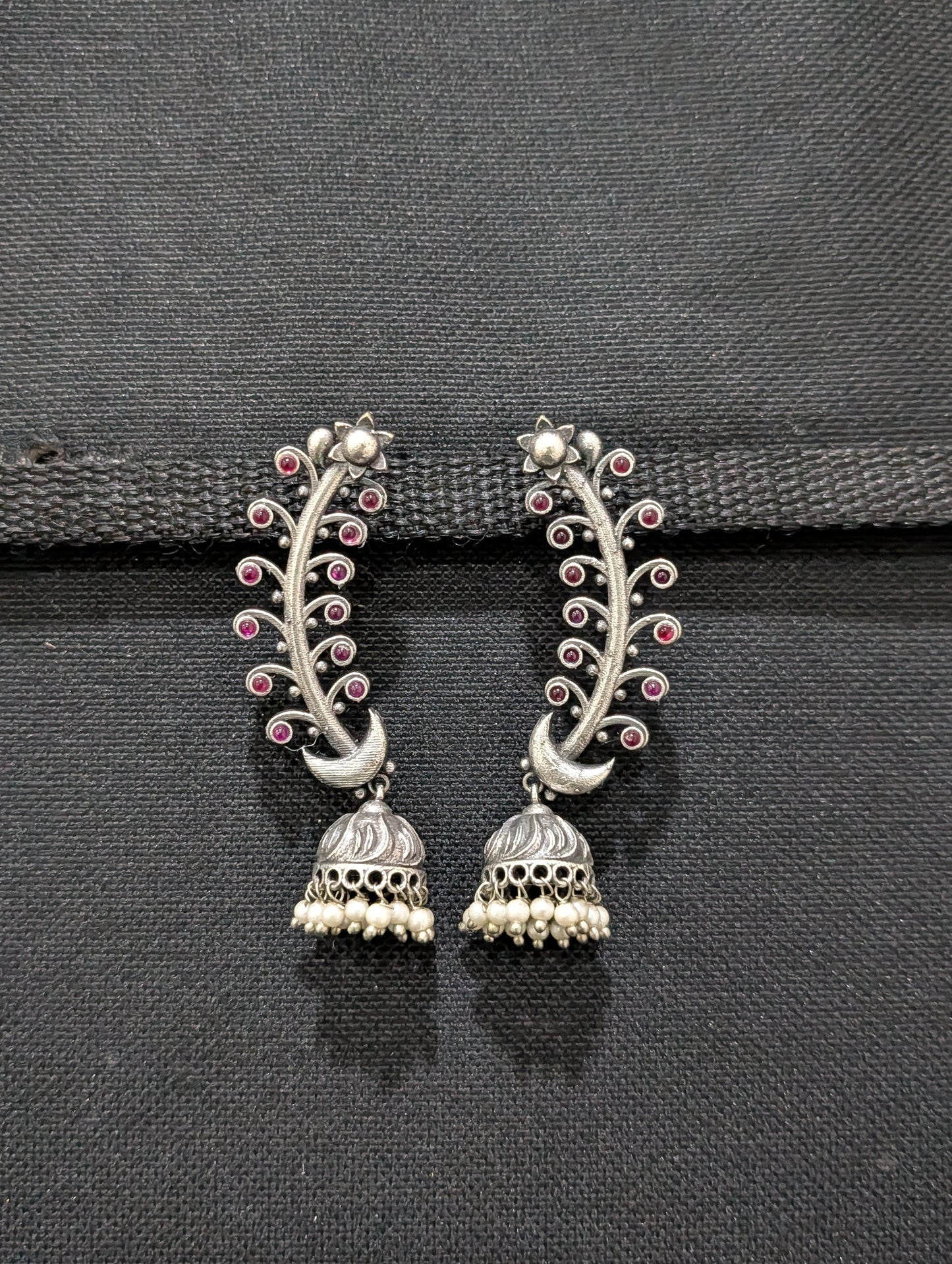 Oxidized silver Curvy Stud Jhumka earrings - Simpliful