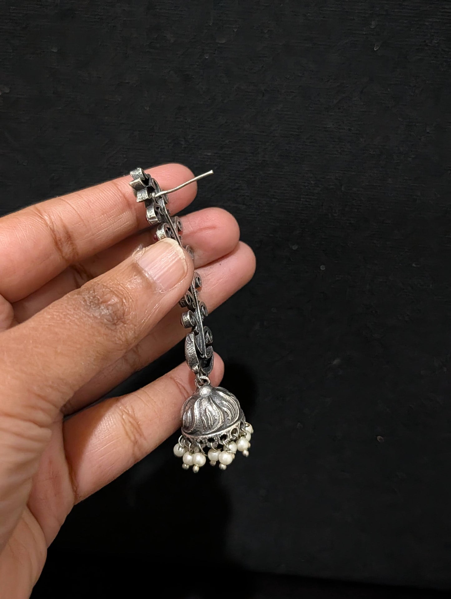 Oxidized silver Curvy Stud Jhumka earrings - Simpliful