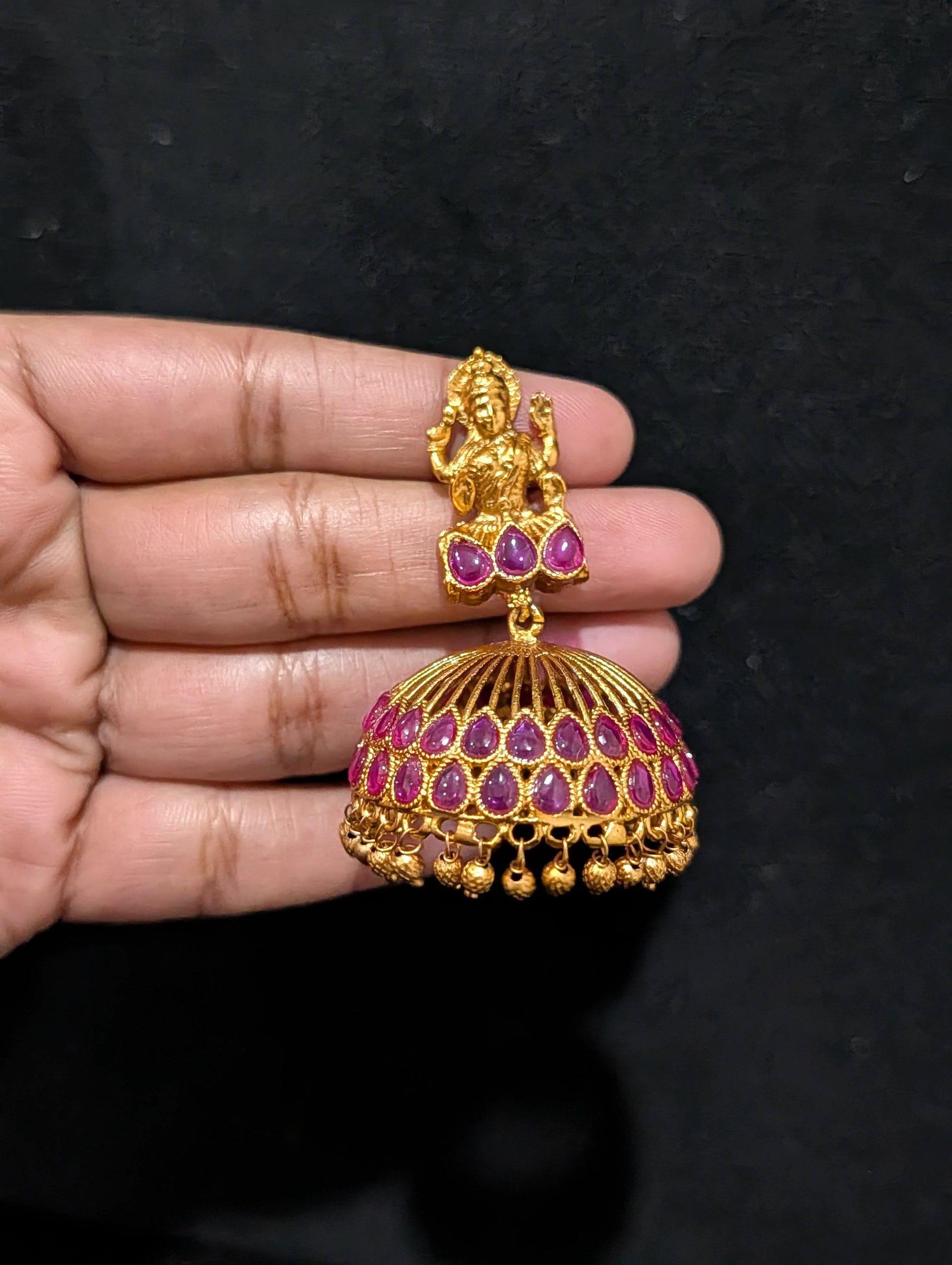 Orange gold plated Kemp Large Jhumka Earrings - D1 - Simpliful
