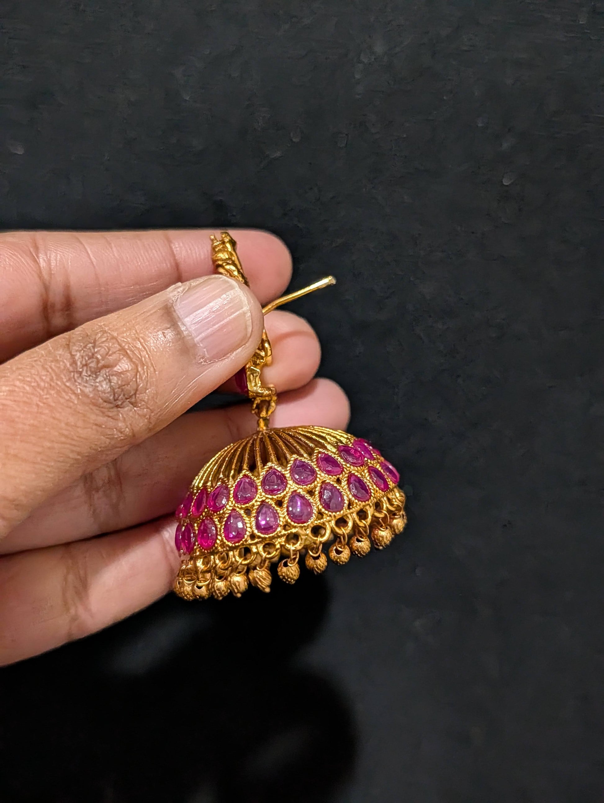 Orange gold plated Kemp Large Jhumka Earrings - D1 - Simpliful
