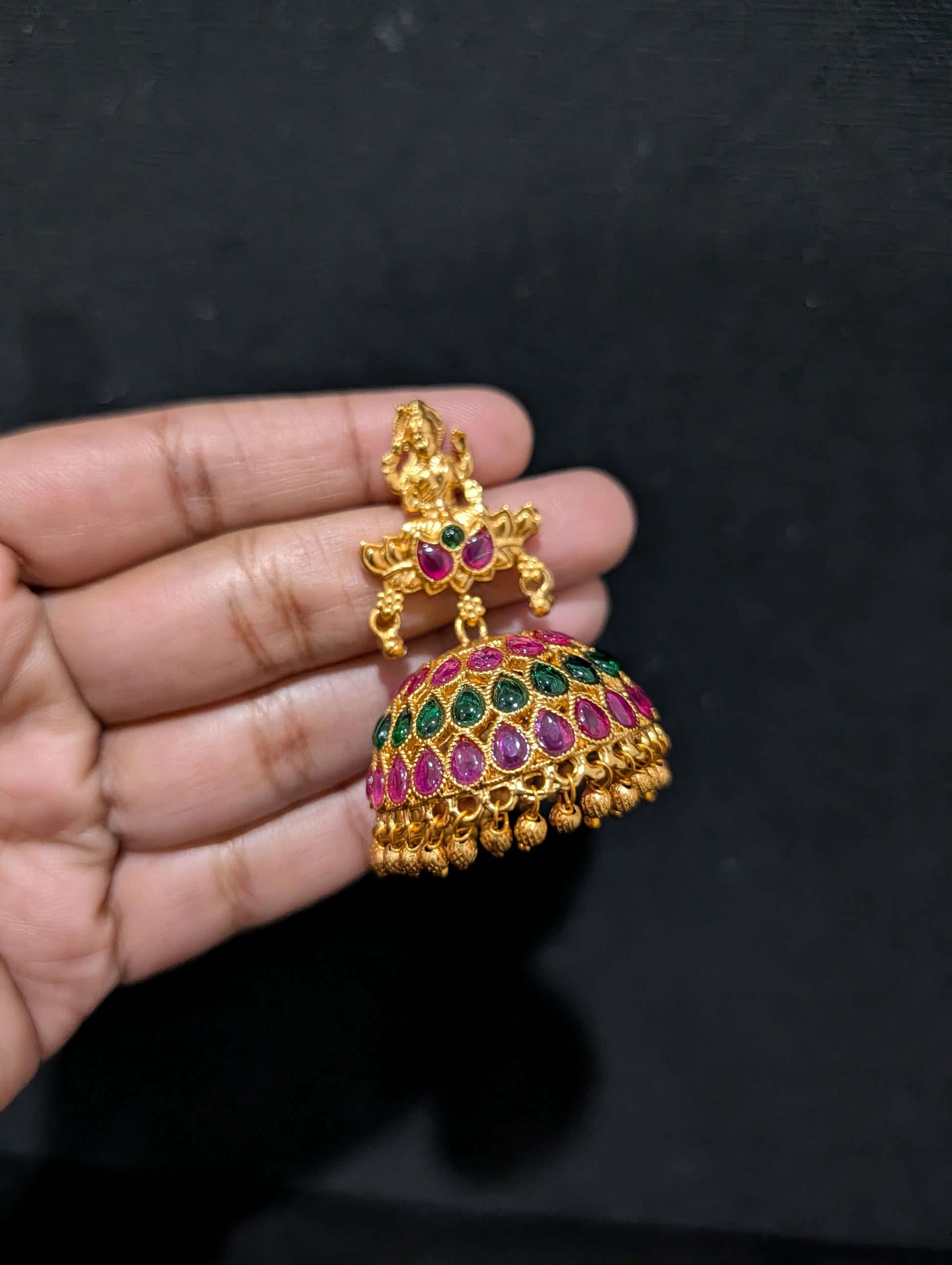 Orange gold plated Kemp Large Jhumka Earrings - D2 - Simpliful