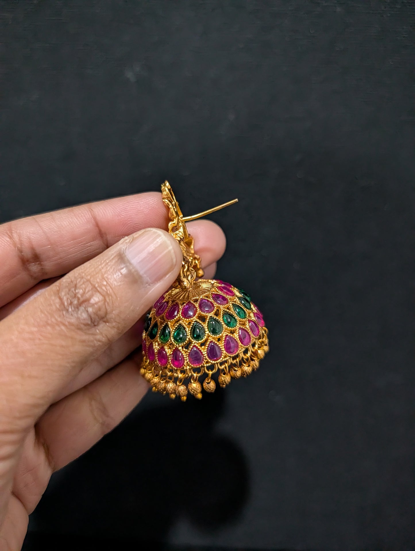 Orange gold plated Kemp Large Jhumka Earrings - D2 - Simpliful