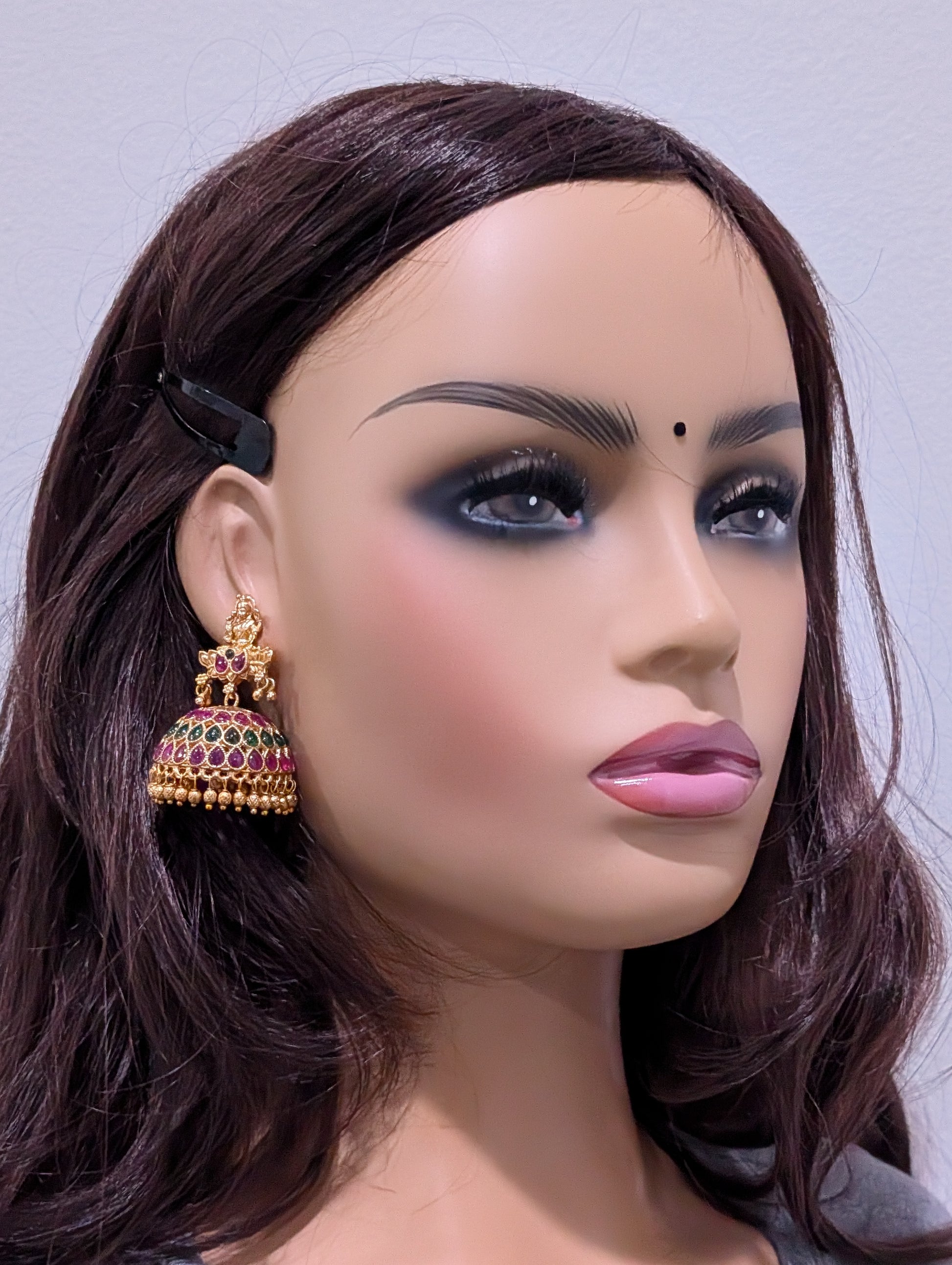 Orange gold plated Kemp Large Jhumka Earrings - D2 - Simpliful