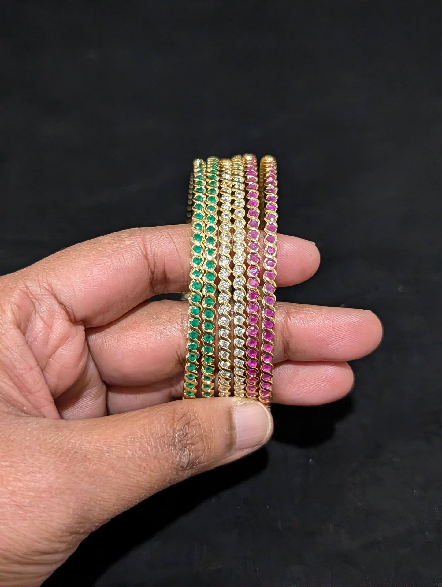 3 color CZ one gram gold polished bangles - Set of 6 - 2x8 size - Simpliful