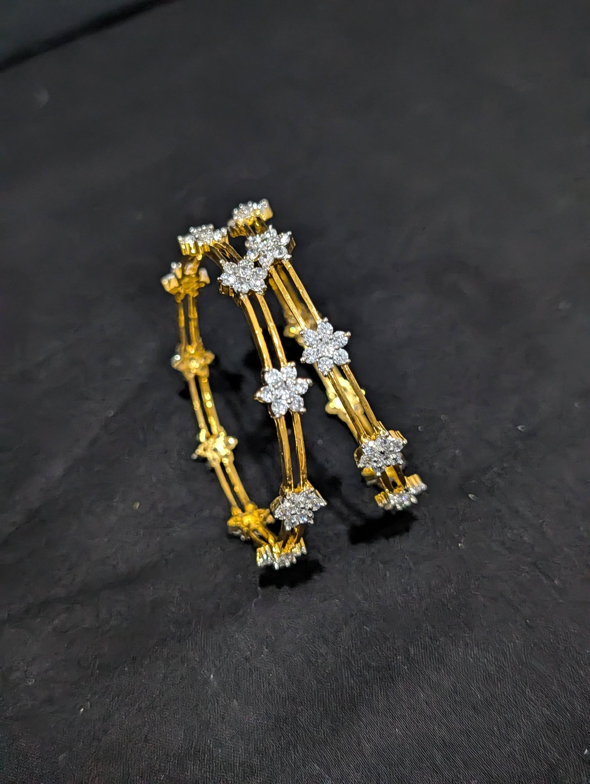 Dual line White CZ one gram gold polished bangles - Simpliful