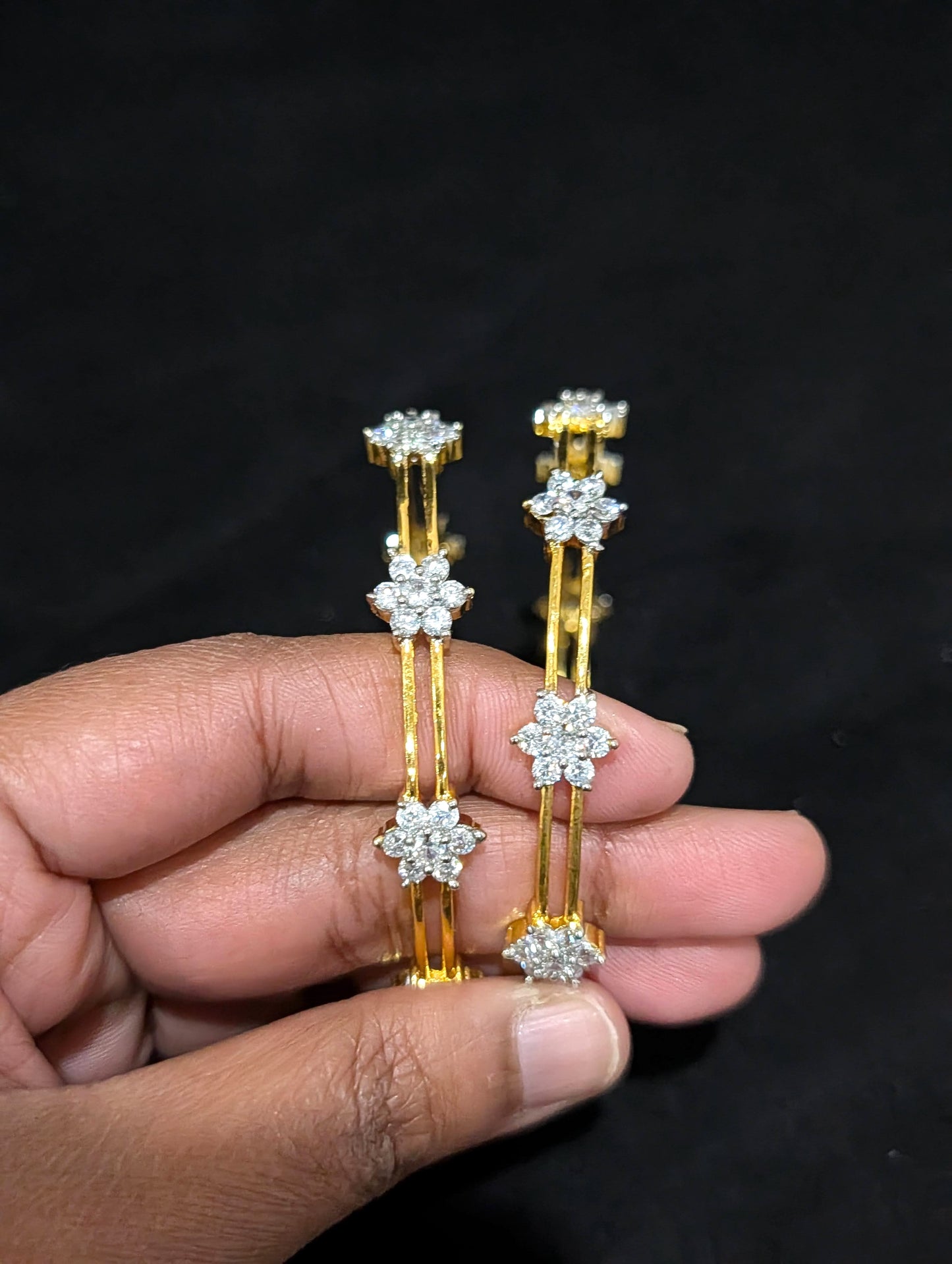 Dual line White CZ one gram gold polished bangles - Simpliful