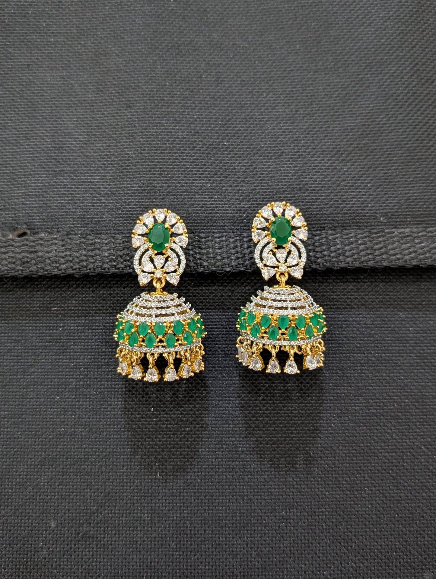 Green White CZ Grand Jhumka Earrings - Simpliful