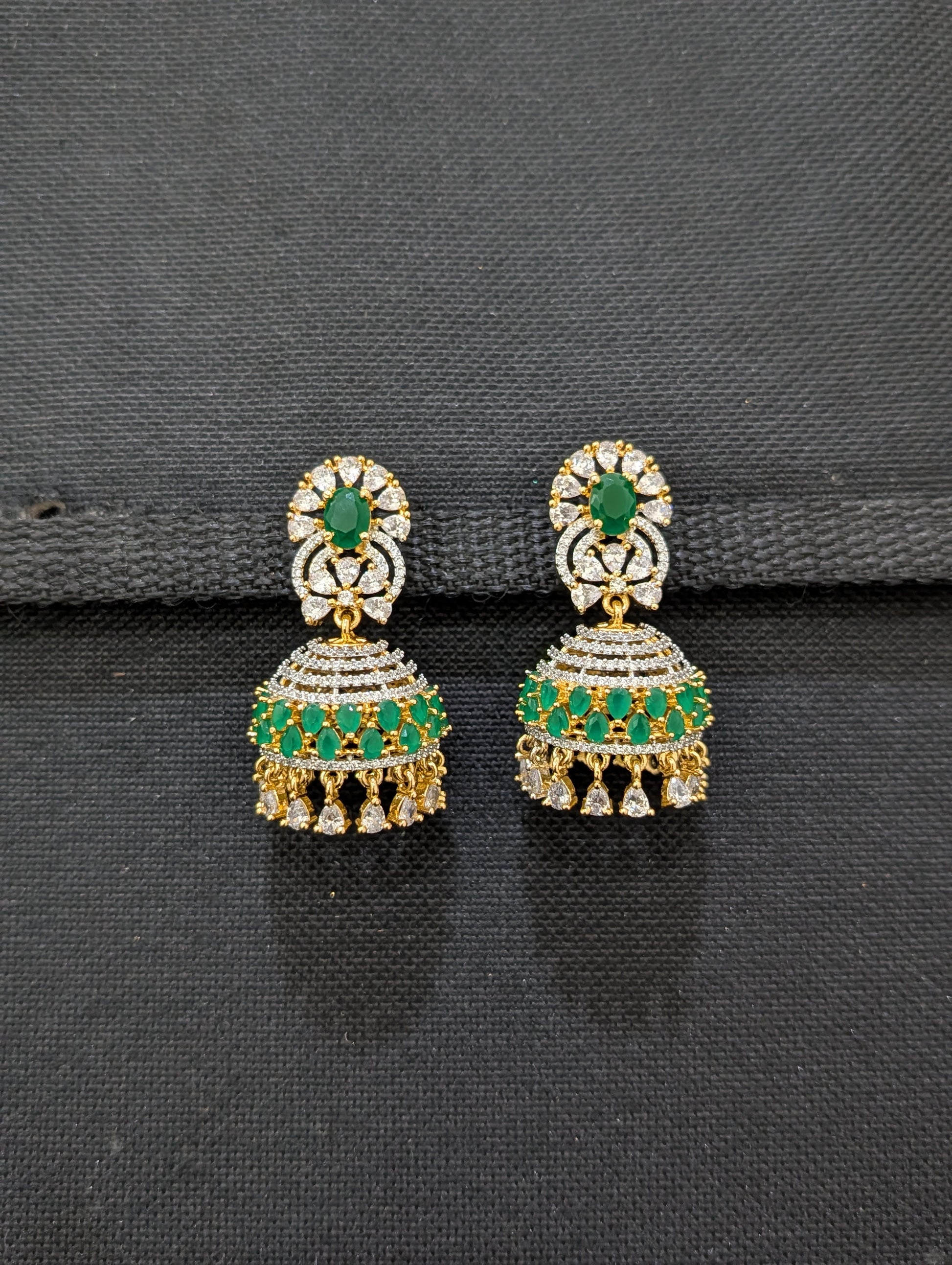 Green White CZ Grand Jhumka Earrings - Simpliful