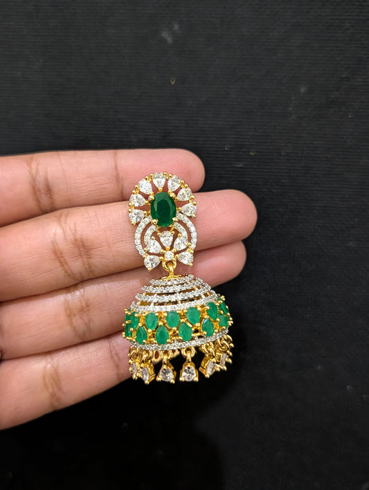 Green White CZ Grand Jhumka Earrings - Simpliful