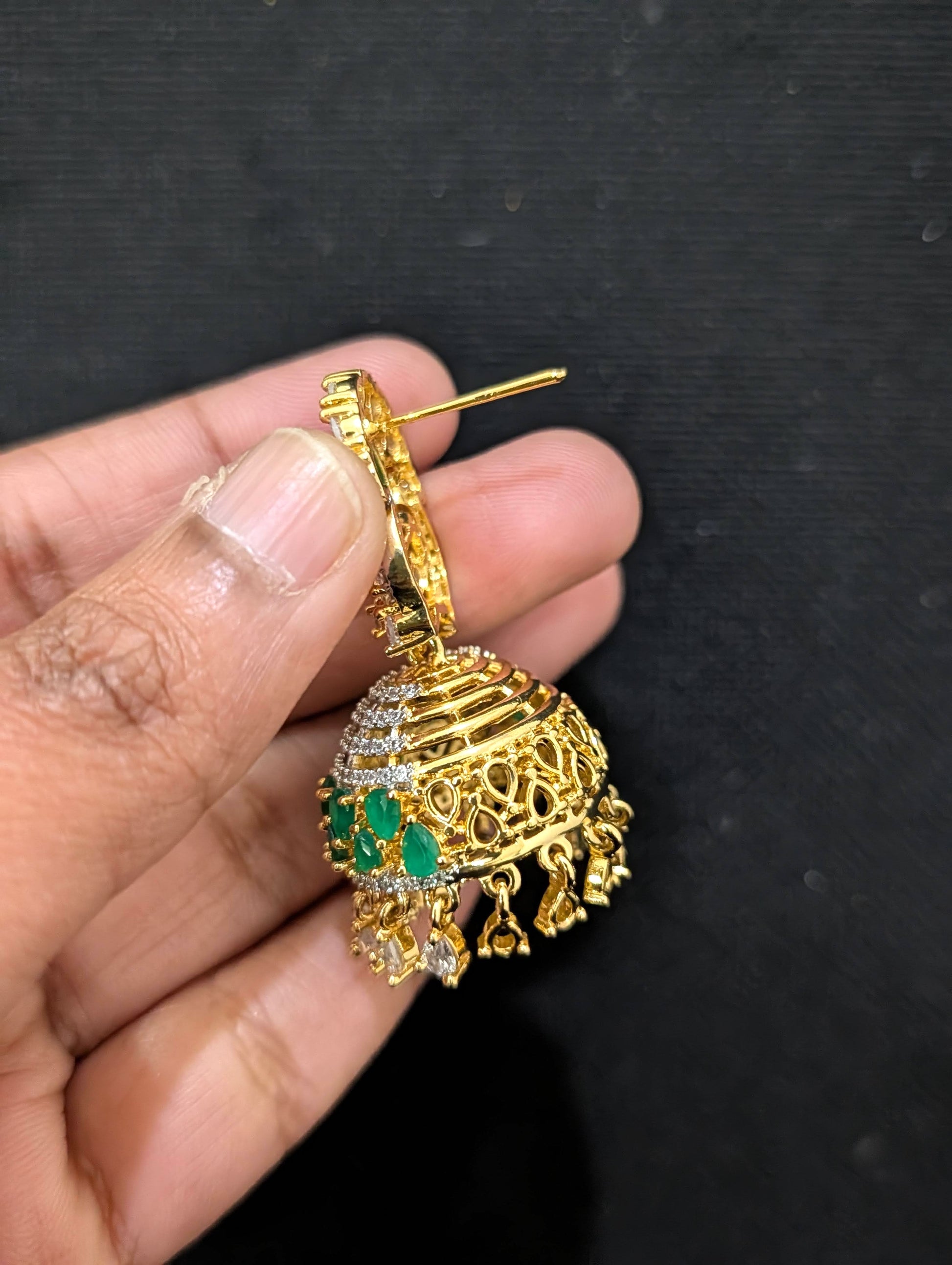 Green White CZ Grand Jhumka Earrings - Simpliful