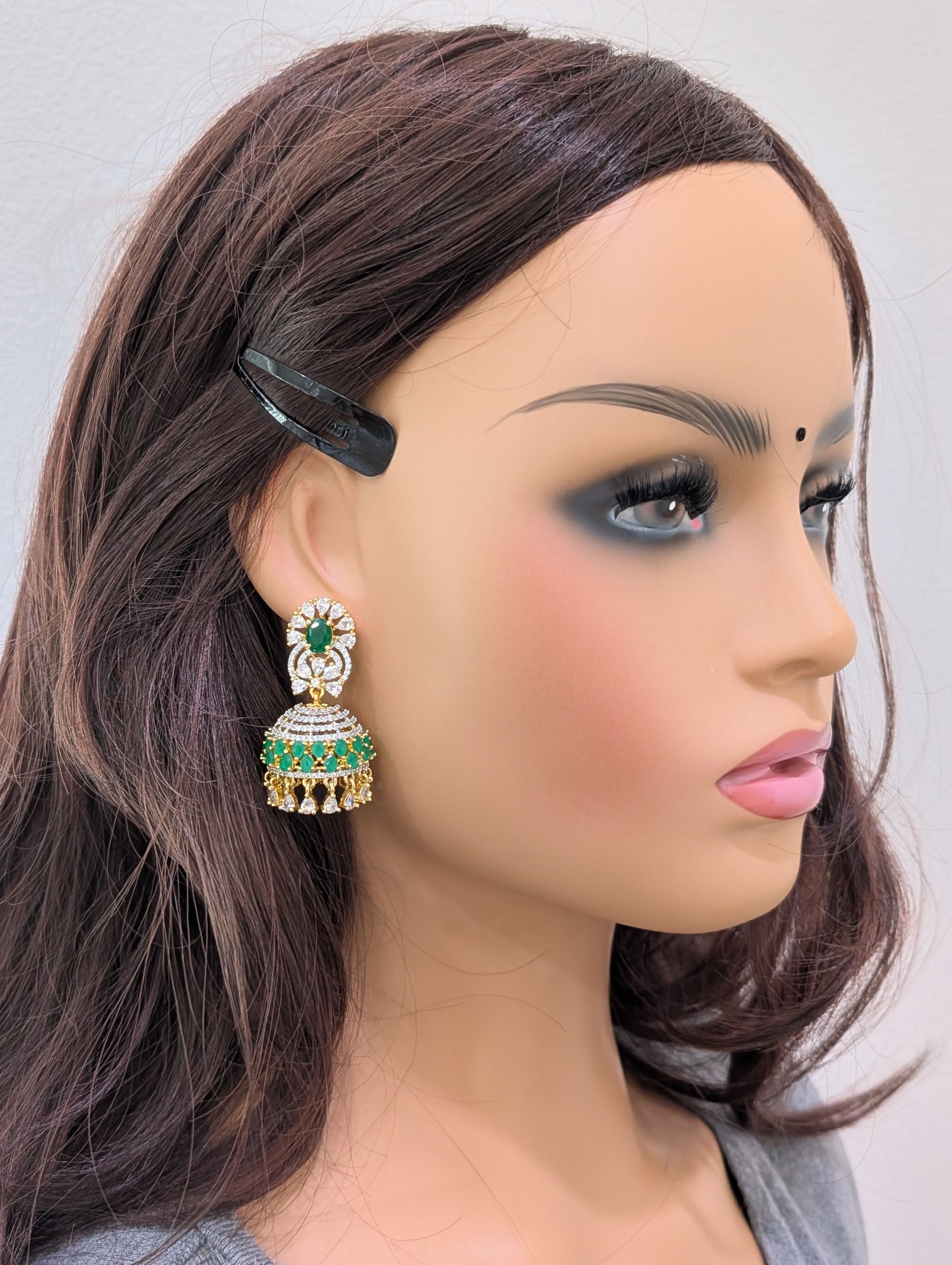 Green White CZ Grand Jhumka Earrings - Simpliful