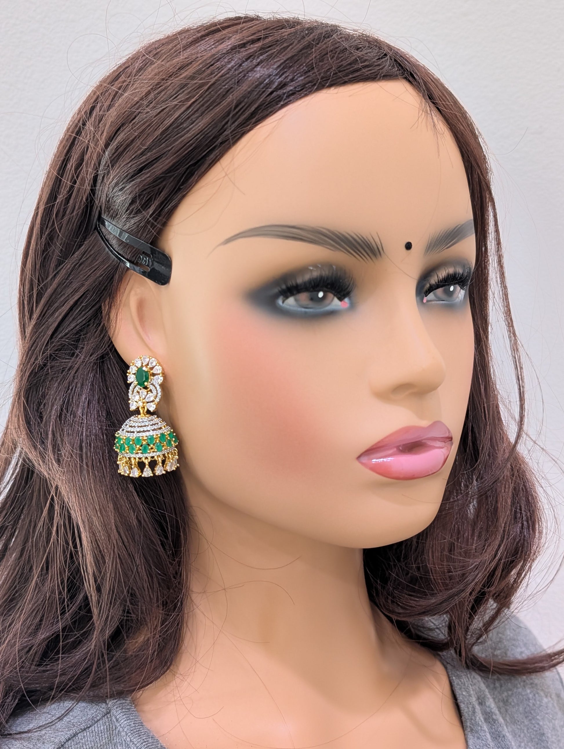 Green White CZ Grand Jhumka Earrings - Simpliful
