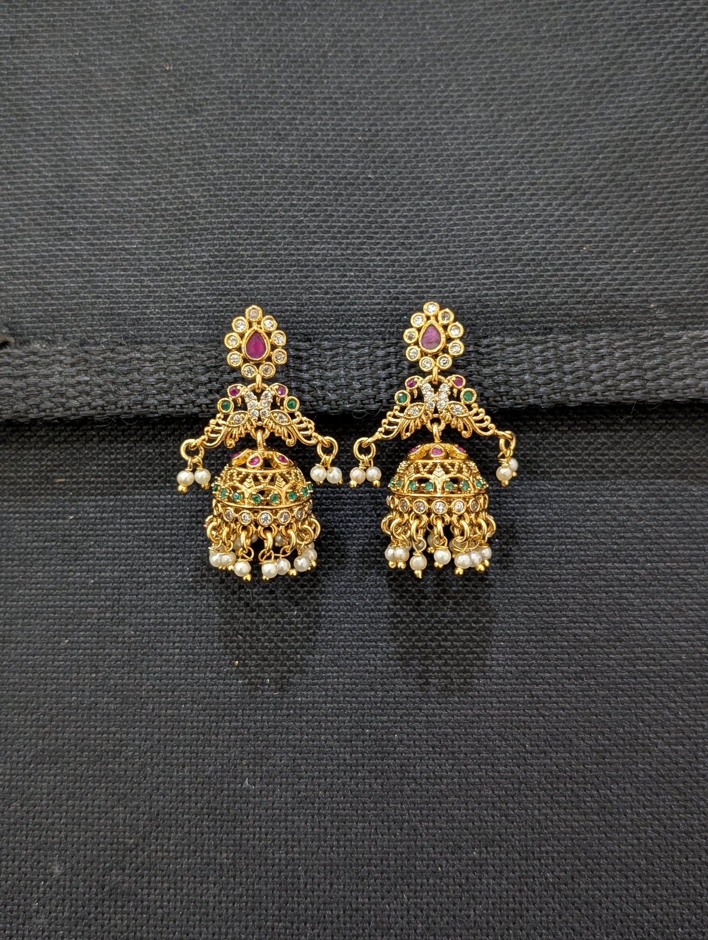Shiny gold plated CZ Peacock Jhumka Earrings - Simpliful