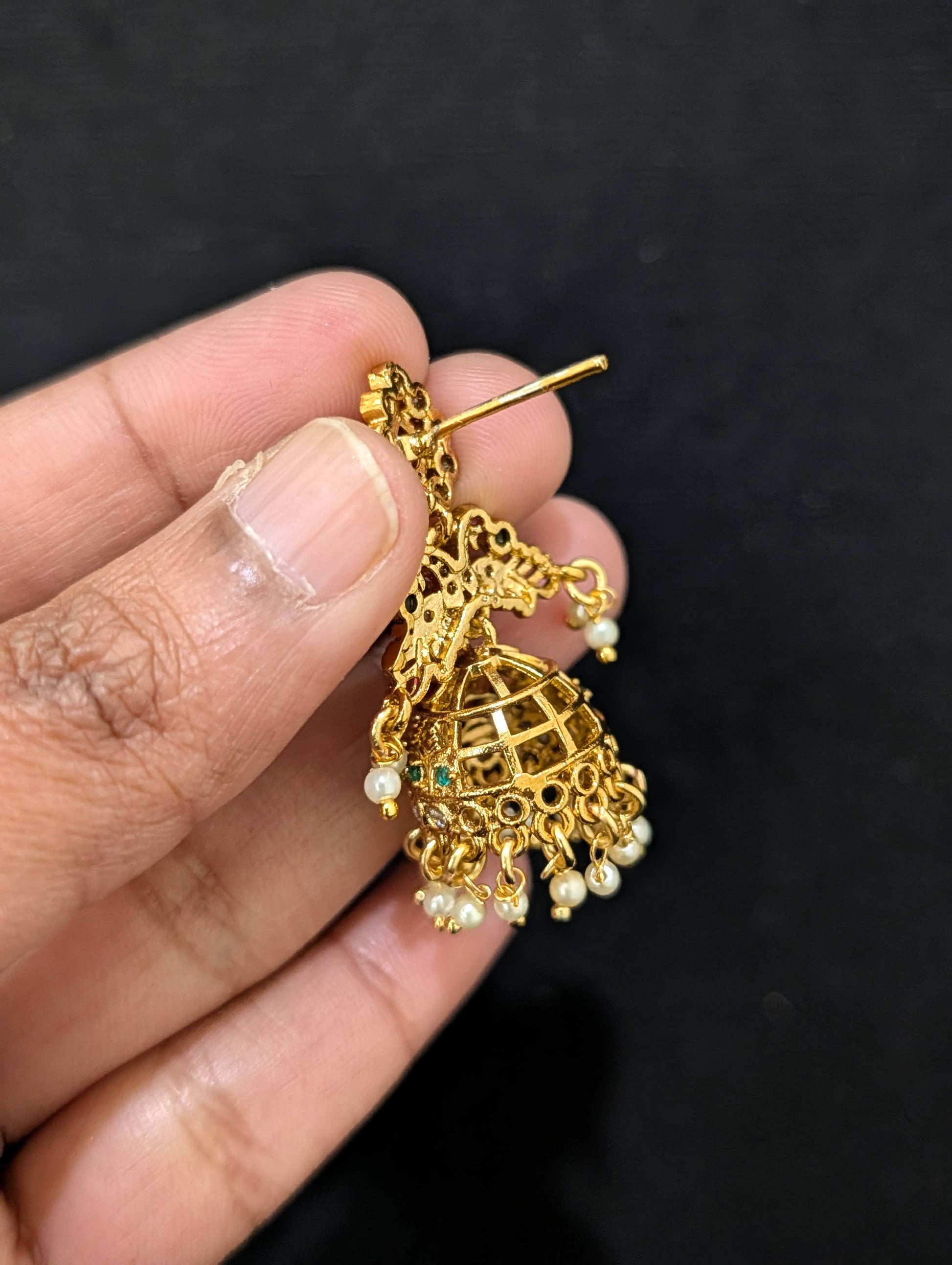 Shiny gold plated CZ Peacock Jhumka Earrings - Simpliful