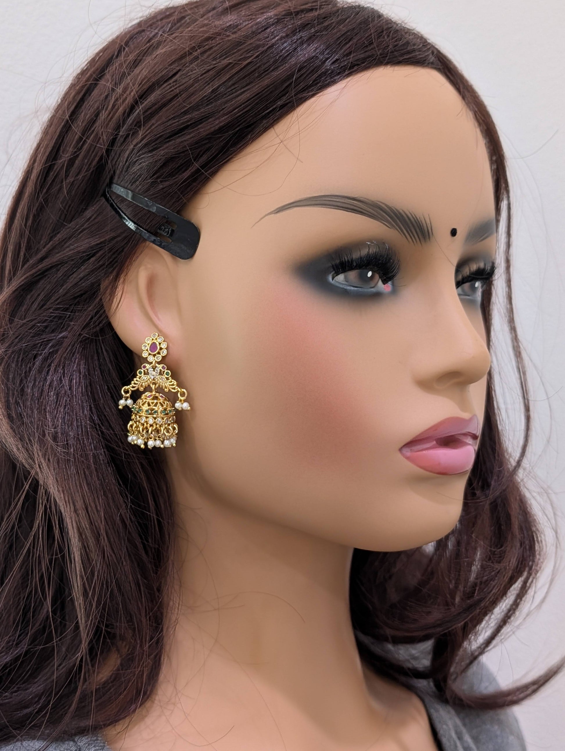 Shiny gold plated CZ Peacock Jhumka Earrings - Simpliful