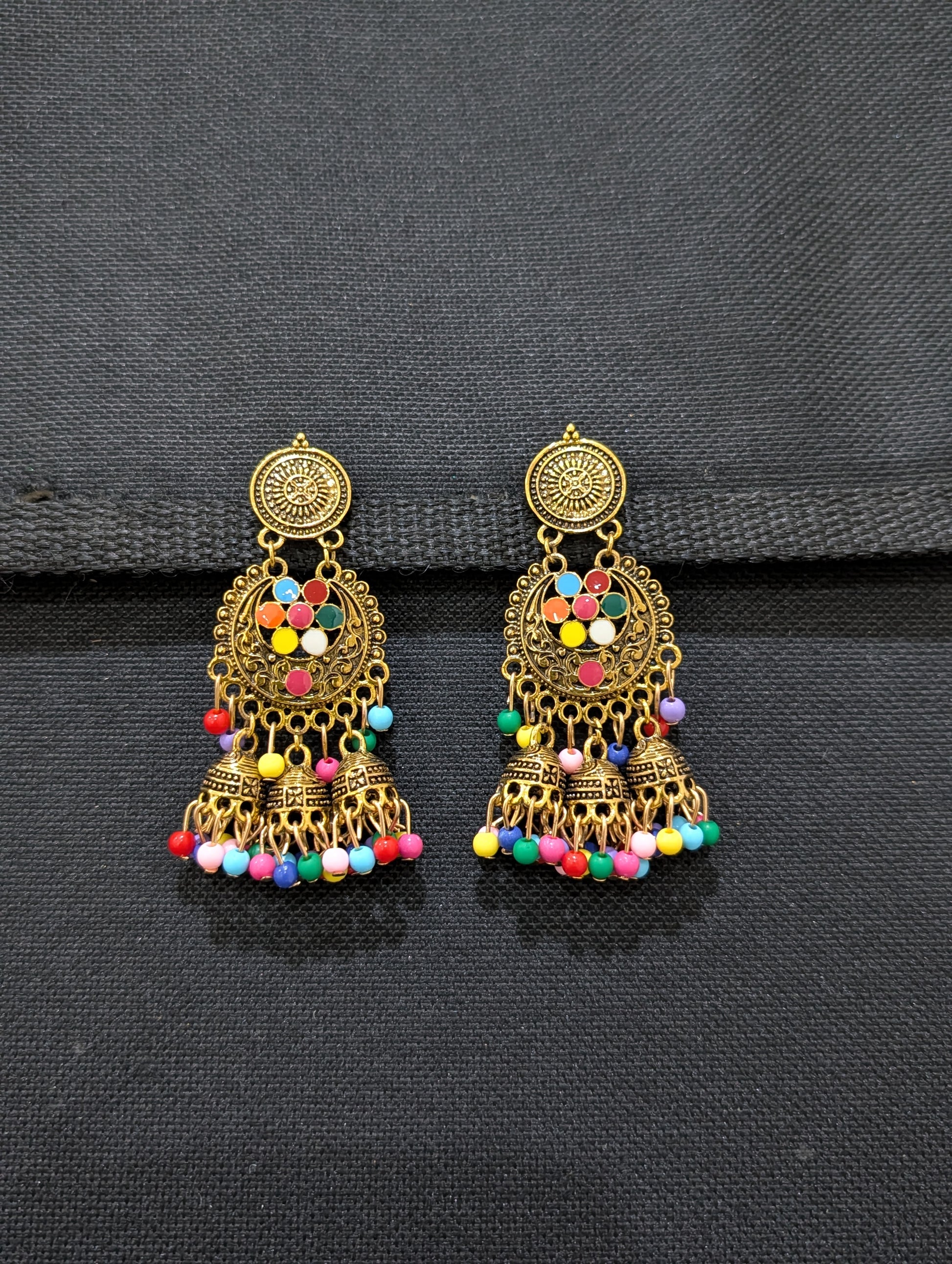 Antique gold finish enamel work triple jhumka earring - Simpliful