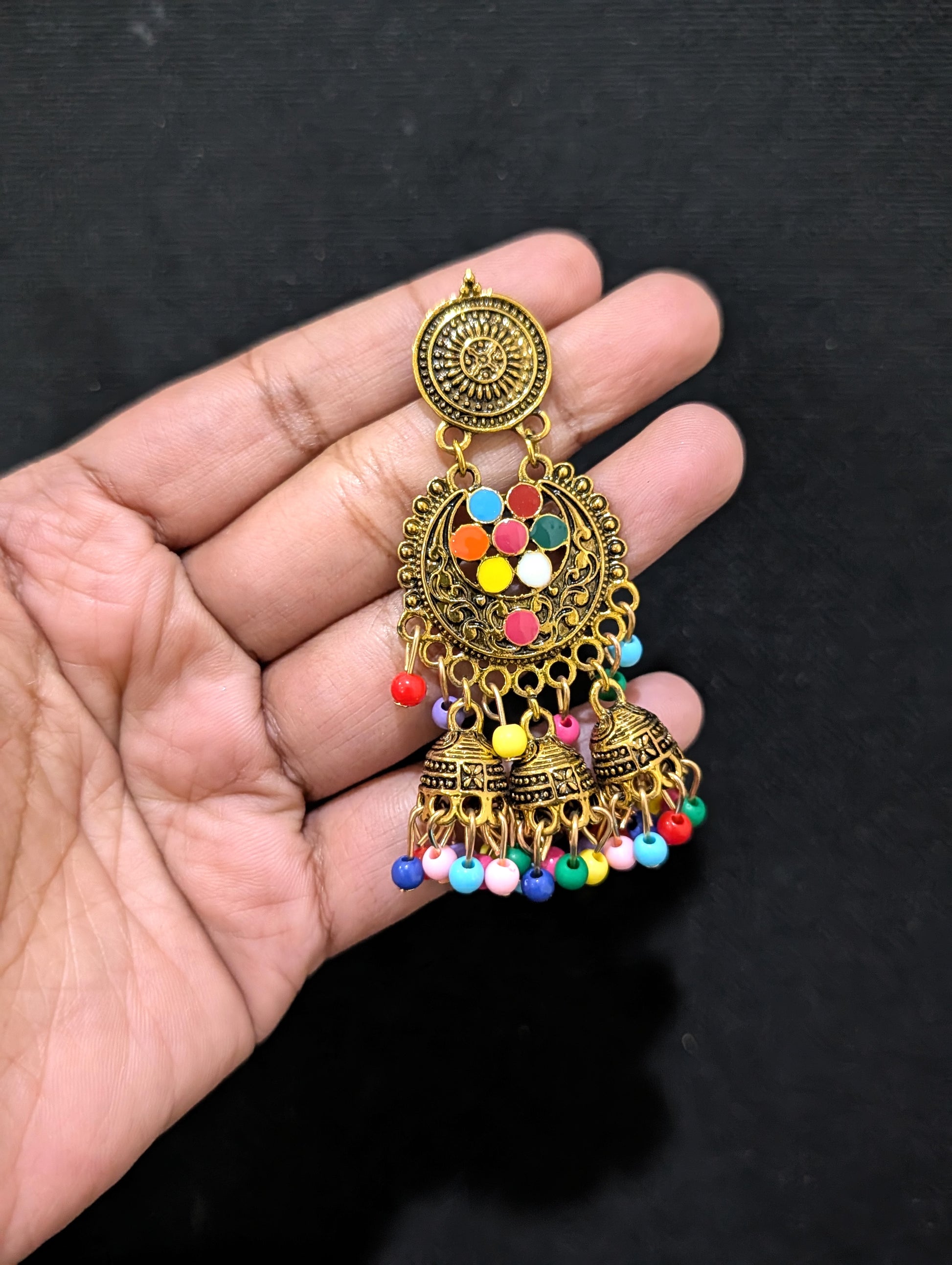 Antique gold finish enamel work triple jhumka earring - Simpliful