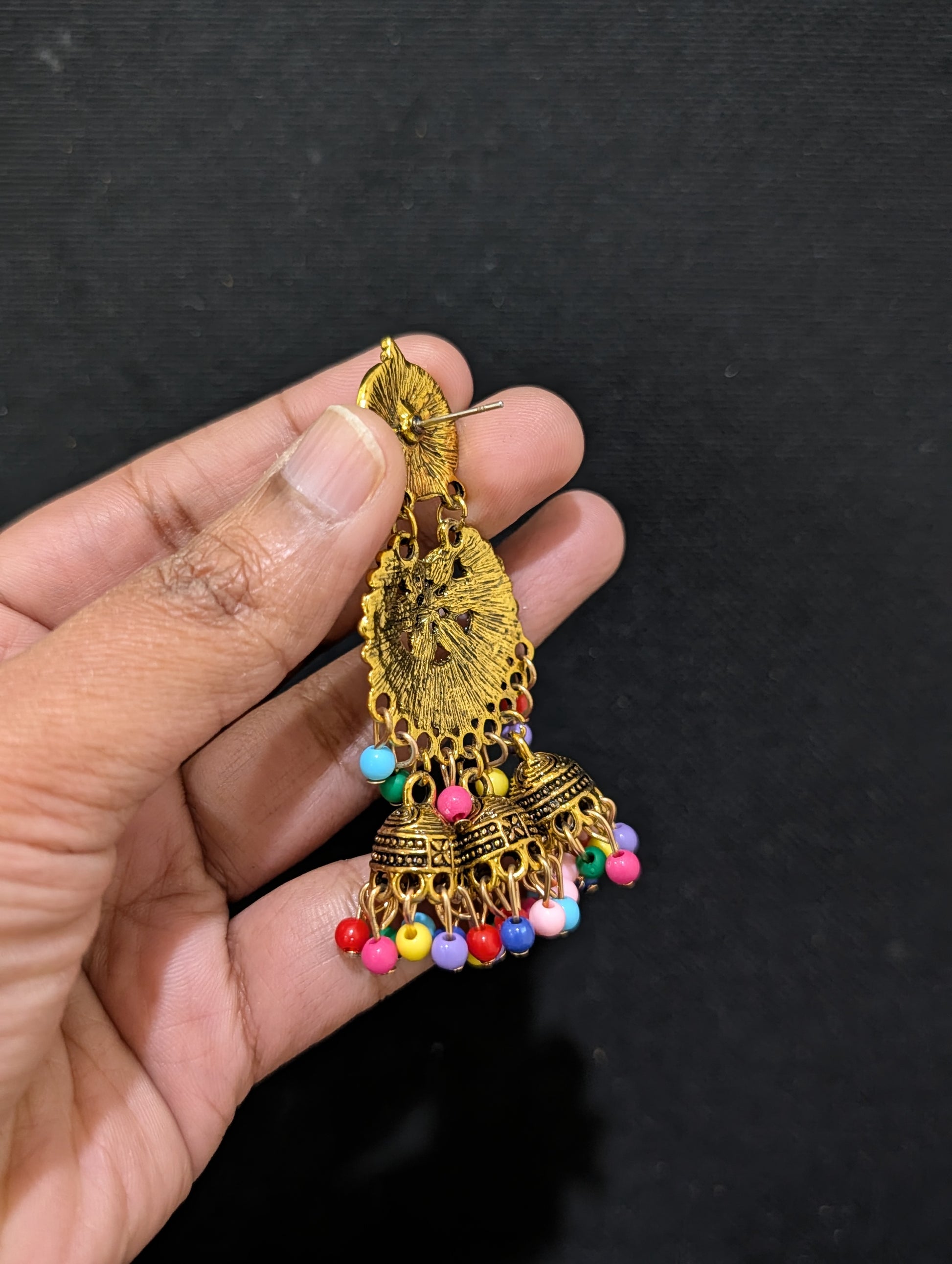 Antique gold finish enamel work triple jhumka earring - Simpliful
