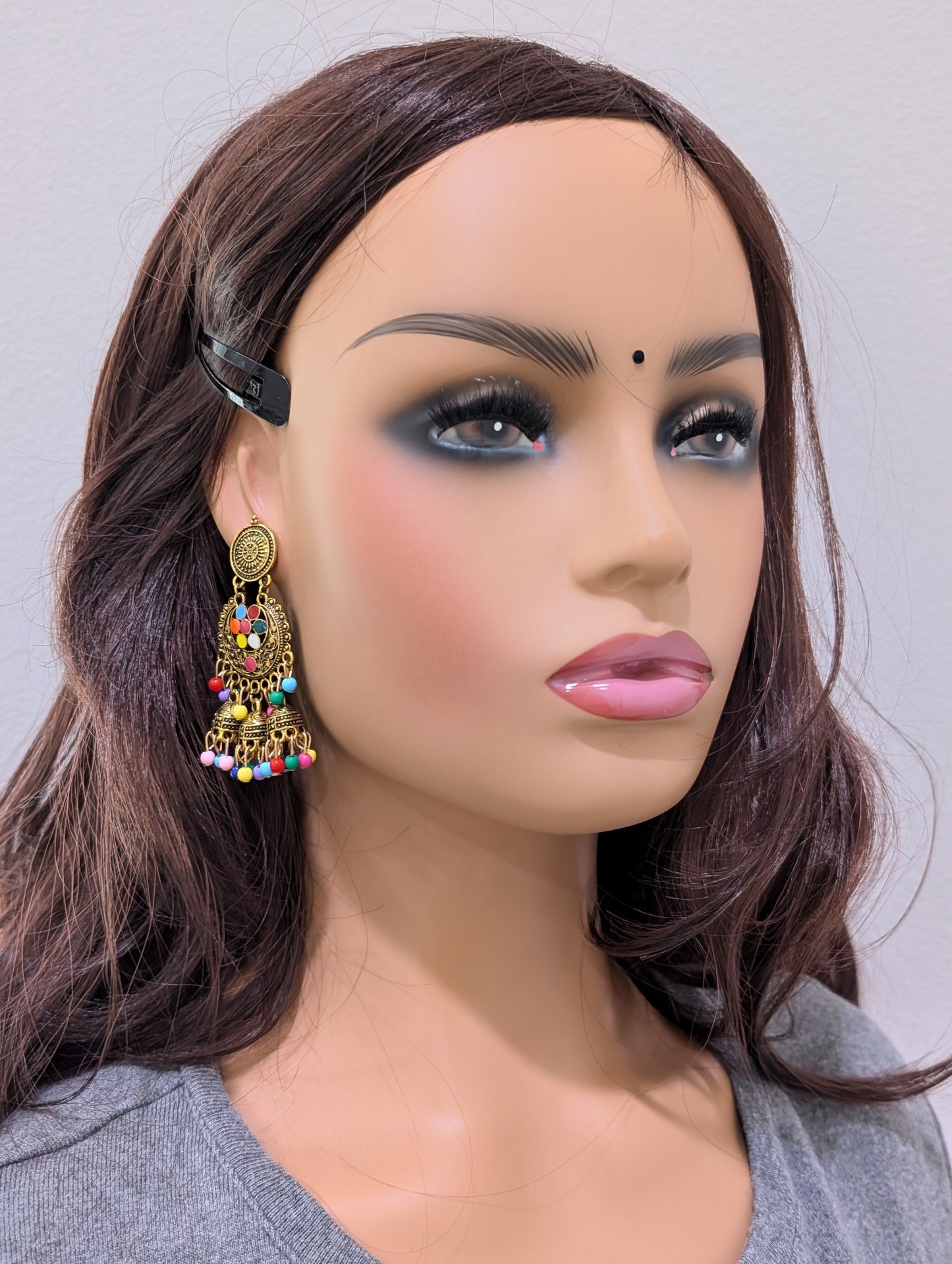 Antique gold finish enamel work triple jhumka earring - Simpliful