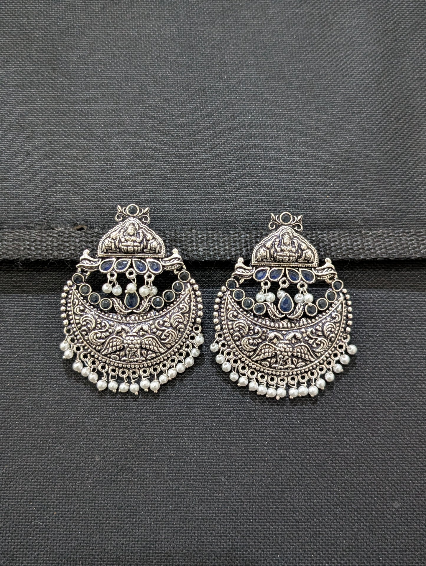 XL Size Goddess Lakshmi Chandbali Oxidized Silver Earrings - Simpliful