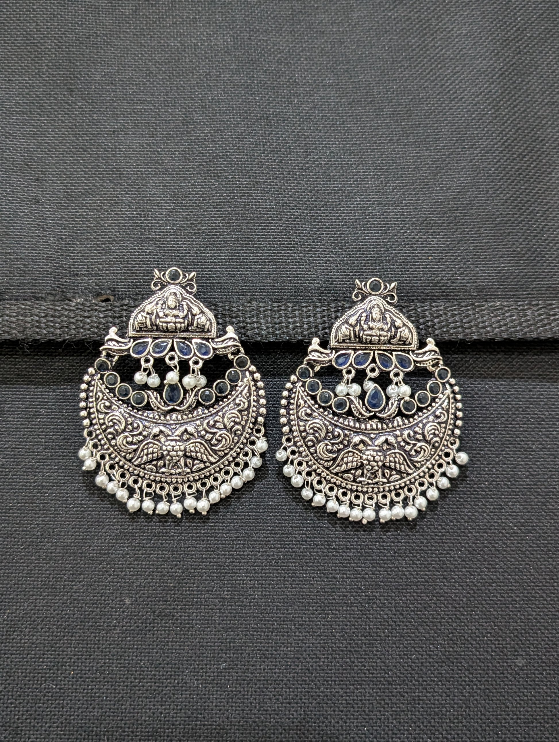 XL Size Goddess Lakshmi Chandbali Oxidized Silver Earrings - Simpliful
